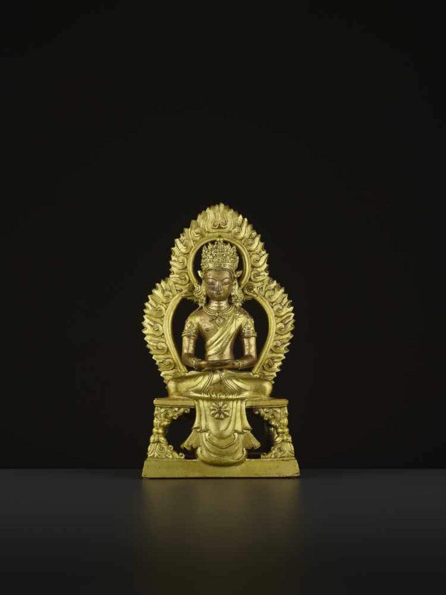 A GILT-BRONZE FIGURE OF AMITAYUS, QIANLONG China, 1736-1795. The figure is finely cast with legs - Image 2 of 9