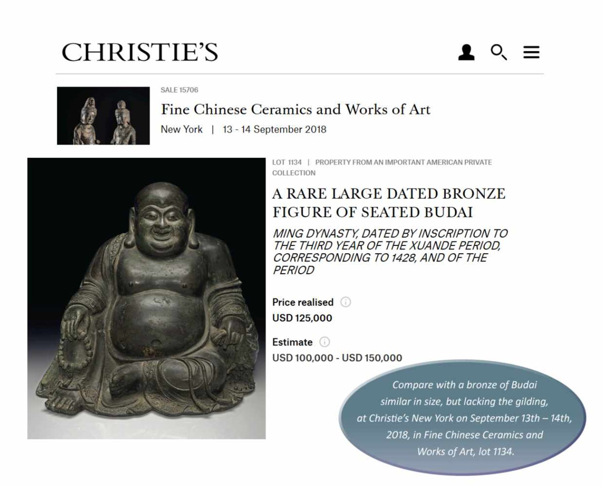 A LARGE GILT BRONZE FIGURE OF BUDAI China, 1368-1644. The smiling, corpulent figure is shown - Image 14 of 14