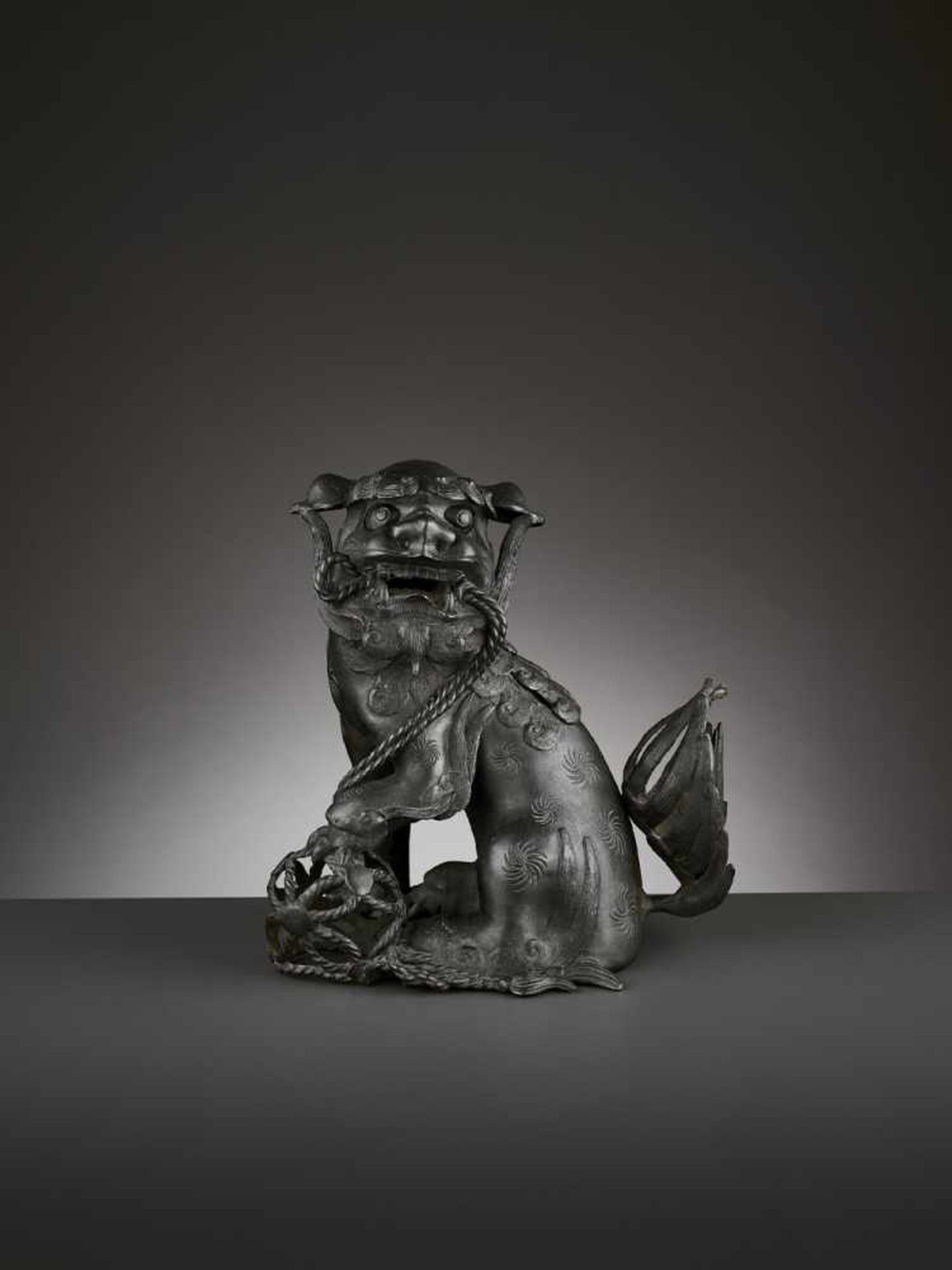 A BRONZE ‘BUDDHIST LION’ CENSER, MING China 17th century. Cast seated, the raised head with large - Image 2 of 11