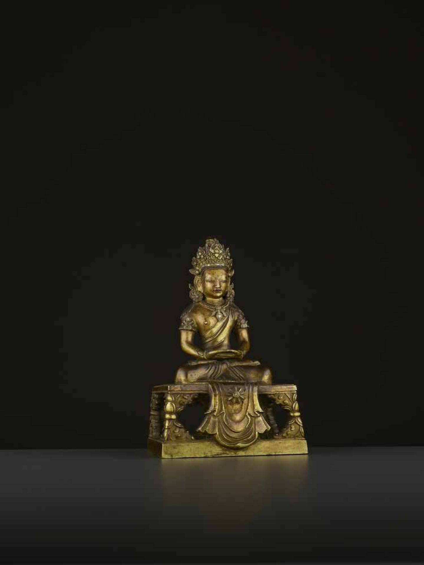 A GILT-BRONZE FIGURE OF AMITAYUS, QIANLONG China, 1736-1795. The figure is finely cast with legs - Image 7 of 9