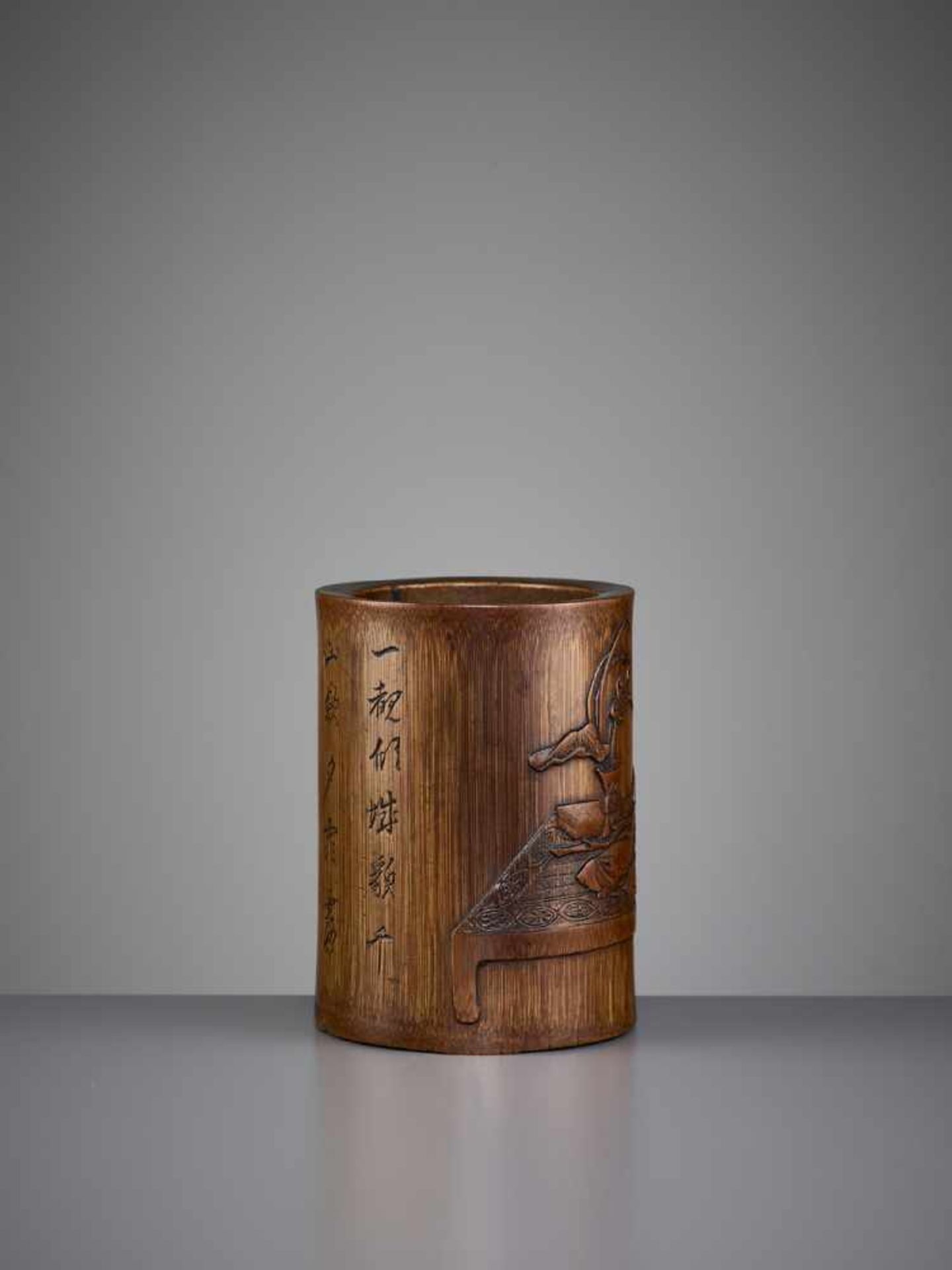 A BAMBOO BRUSHPOT 17TH/18TH CENTURY China. Of cylindrical form, the exterior well carved in - Image 5 of 10