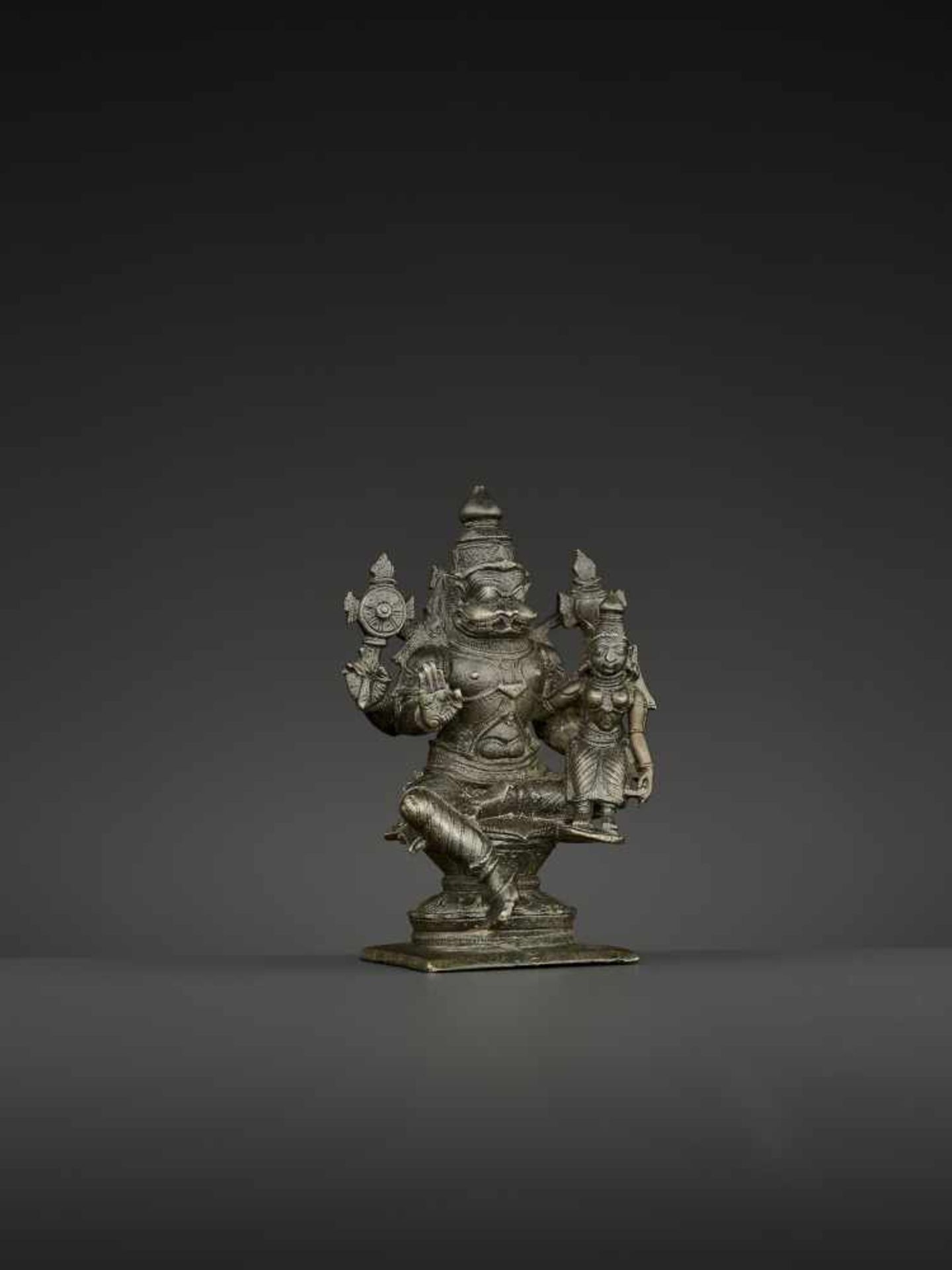 A NARASIMHA LAKSHMI BRONZE South India, Tamil Nadu, 18th – 19th century. The lion deity Narasimha is - Image 6 of 7