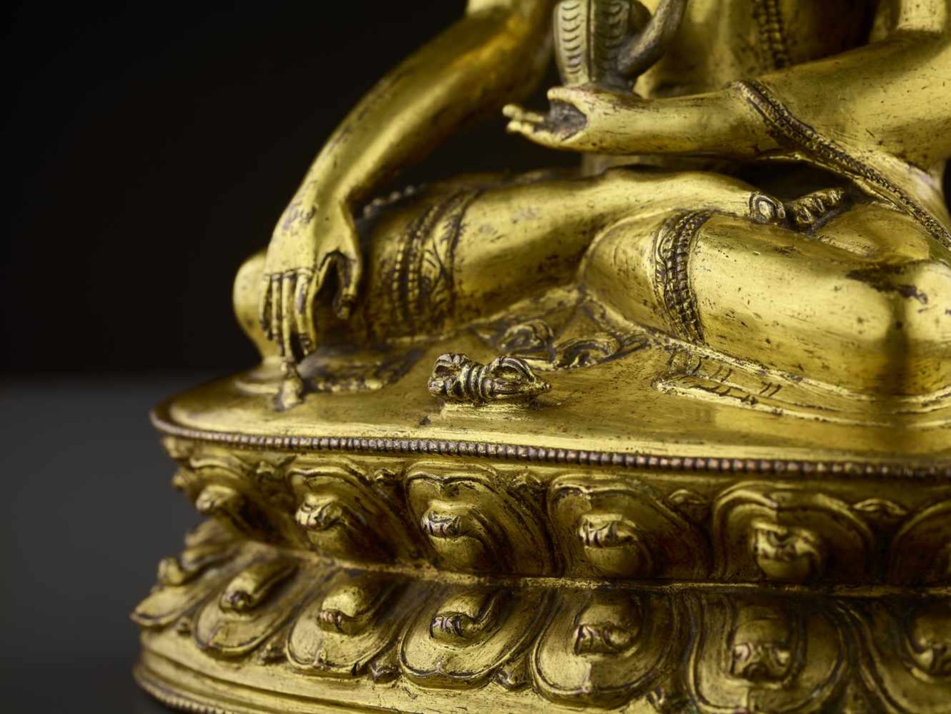 A GILT BRONZE BUDDHA VAJRASANA Tibet, 14th - 16th century. A superb fire-gilt bronze of Buddha - Image 6 of 14