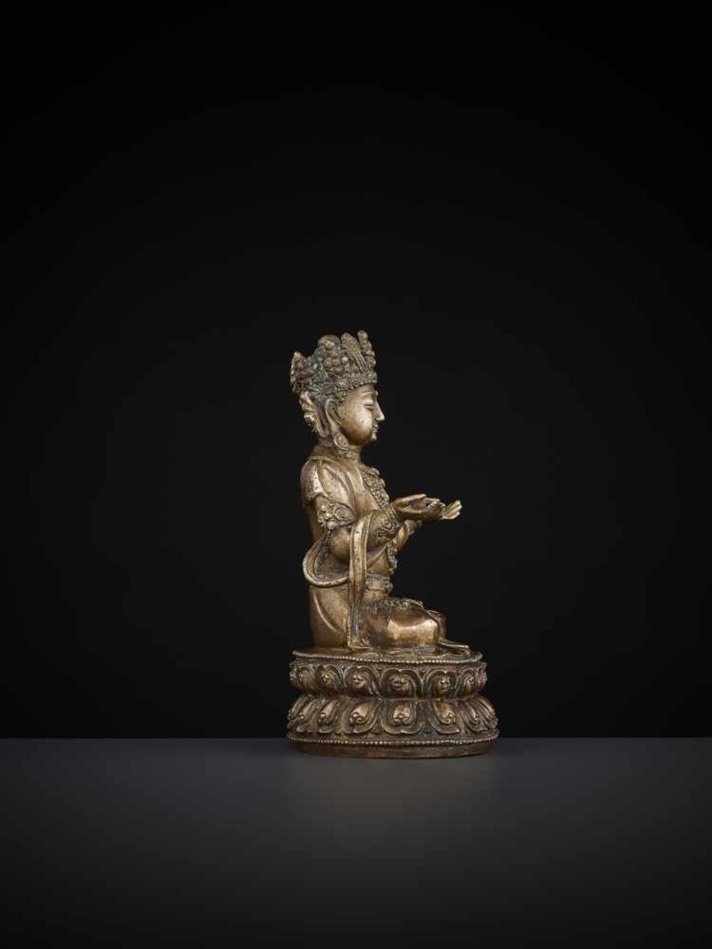 A COPPER-BRONZE STATUE OF BODHISATTVA Tibetan-Chinese, 15th – 16th century. Bodhisattva is seated in - Image 7 of 11