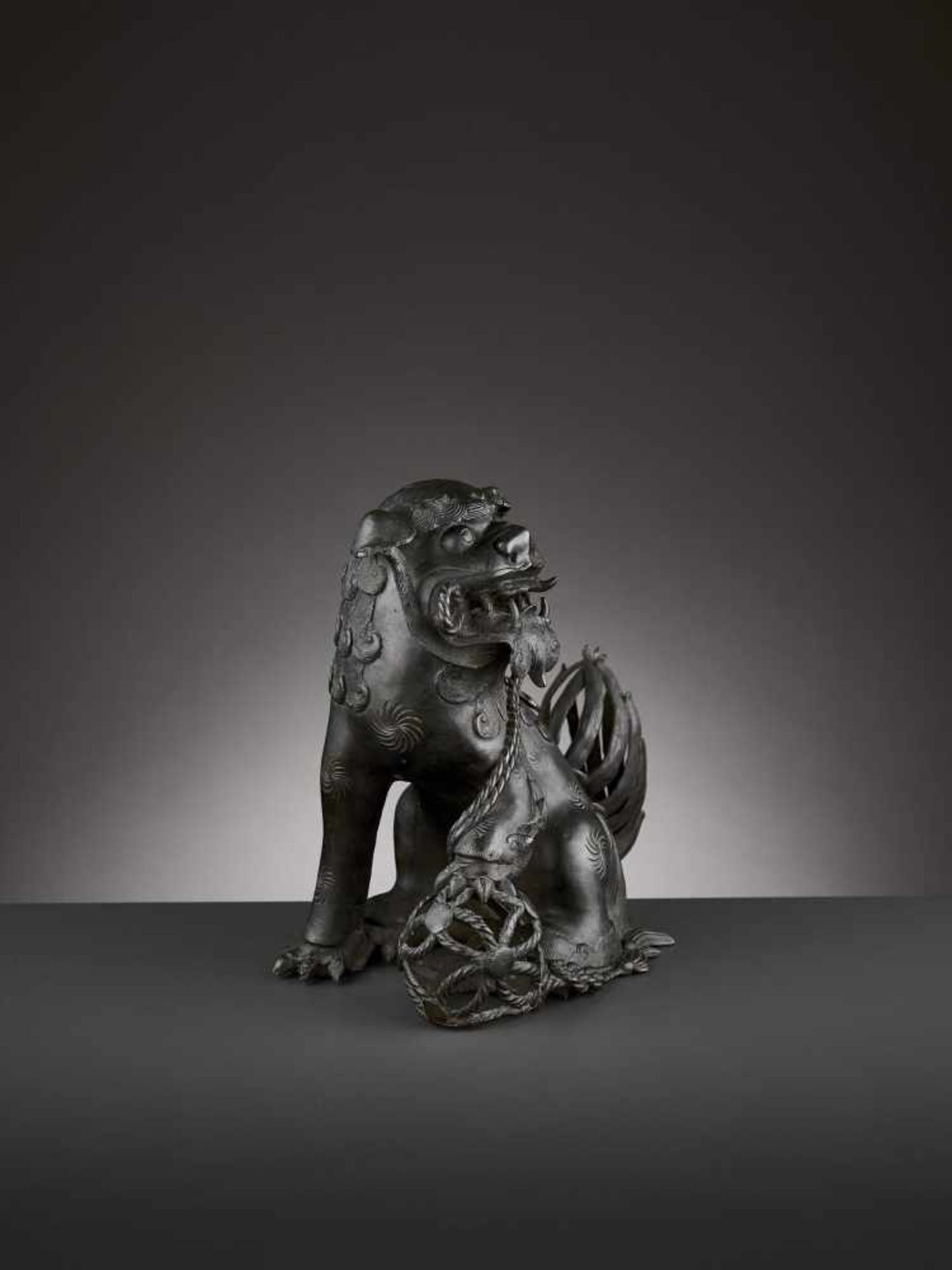 A BRONZE ‘BUDDHIST LION’ CENSER, MING China 17th century. Cast seated, the raised head with large - Image 10 of 11