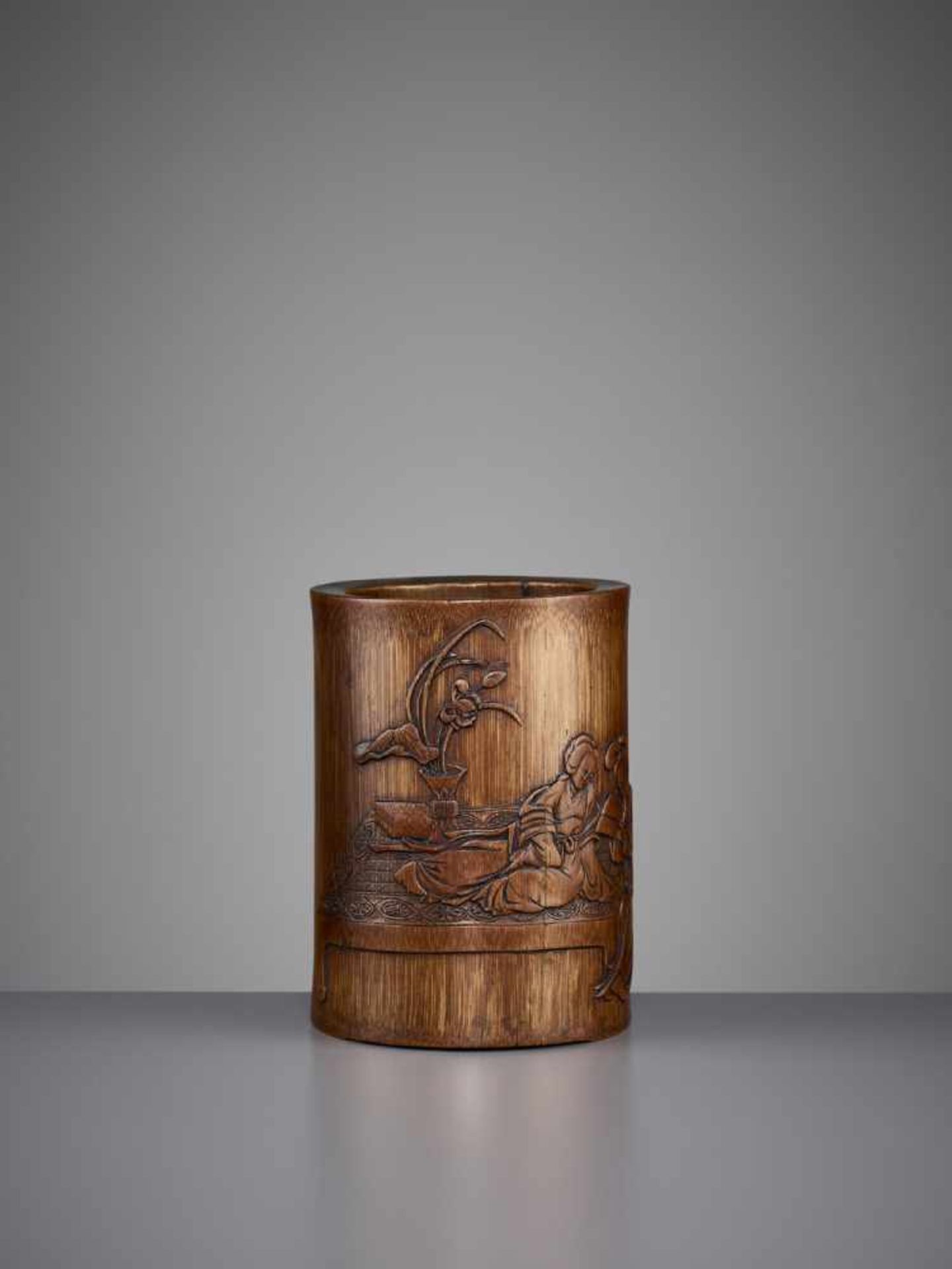 A BAMBOO BRUSHPOT 17TH/18TH CENTURY China. Of cylindrical form, the exterior well carved in - Image 6 of 10