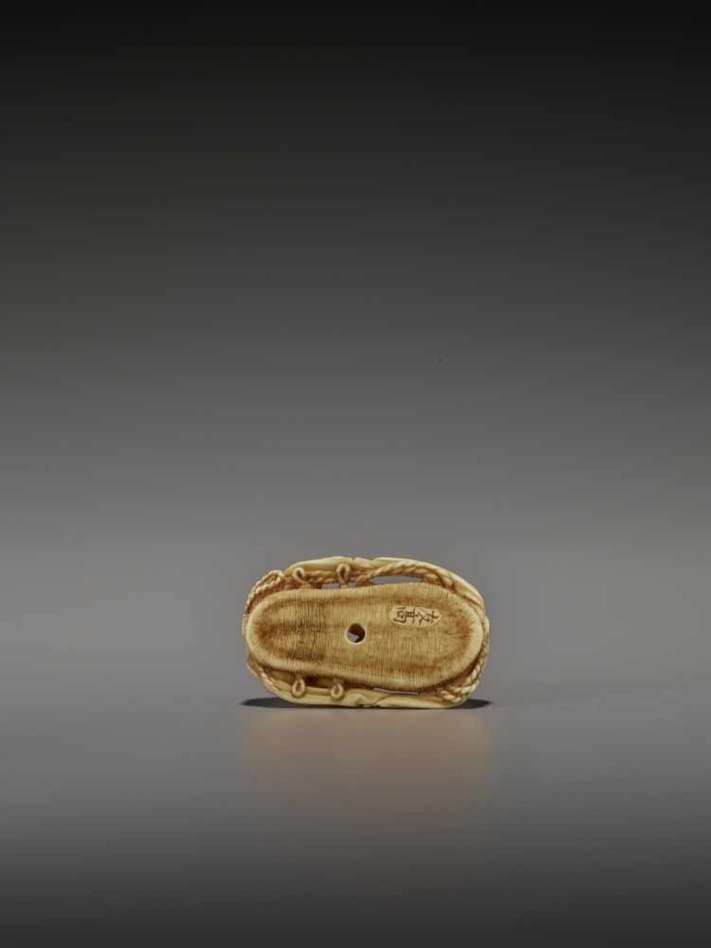 TOMOTAKA: AN IVORY NETSUKE OF TWO ARMWRESTLING NIO ON A WARAJI By Tomotaka, signed TomotakaJapan, - Image 3 of 11