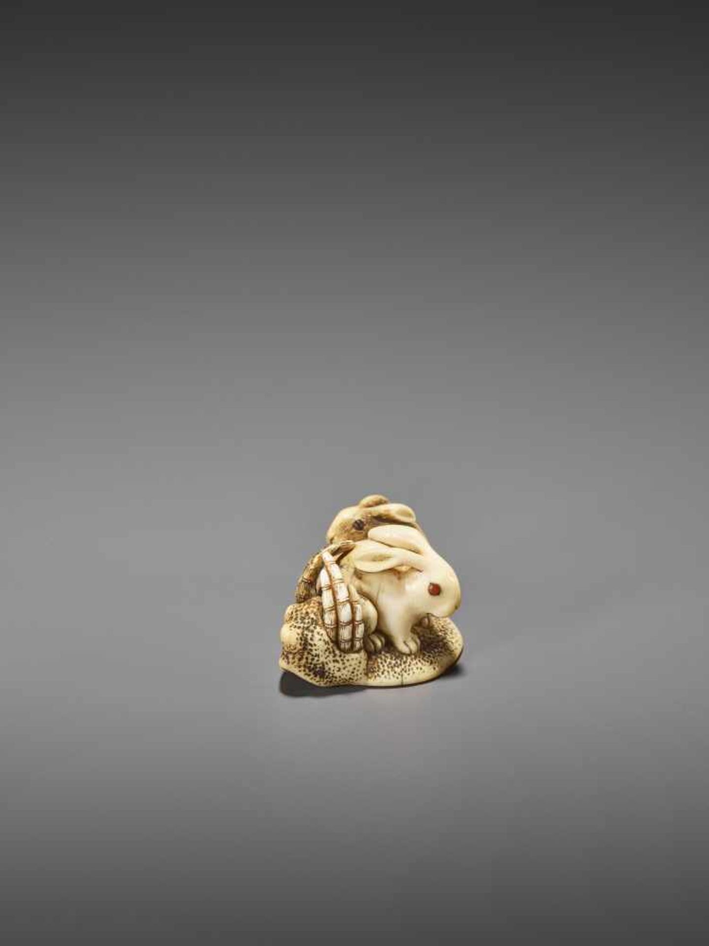 MITSUTADA: A FINE IVORY NETSUKE OF A RABBIT AND YOUNG By Mitsutada, signed MitsutadaJapan, Osaka, - Image 9 of 11