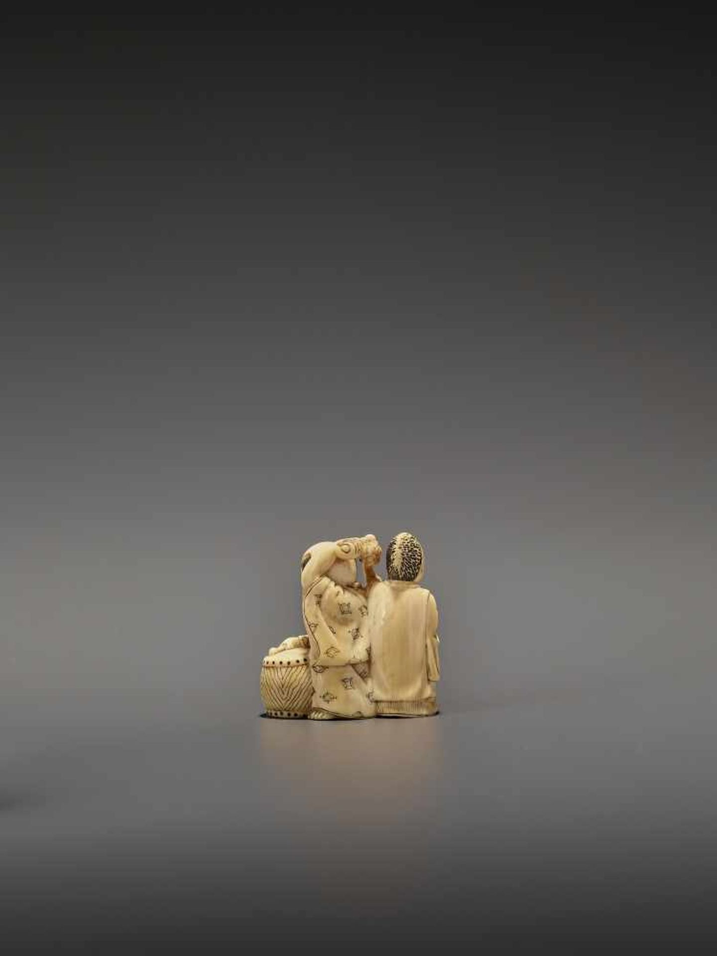 HOMIN: AN IVORY NETSUKE OF TWO BOYS AS MUSICIANS By Homin, signed Homin with kaoJapan, Edo/Tokyo, - Image 5 of 10