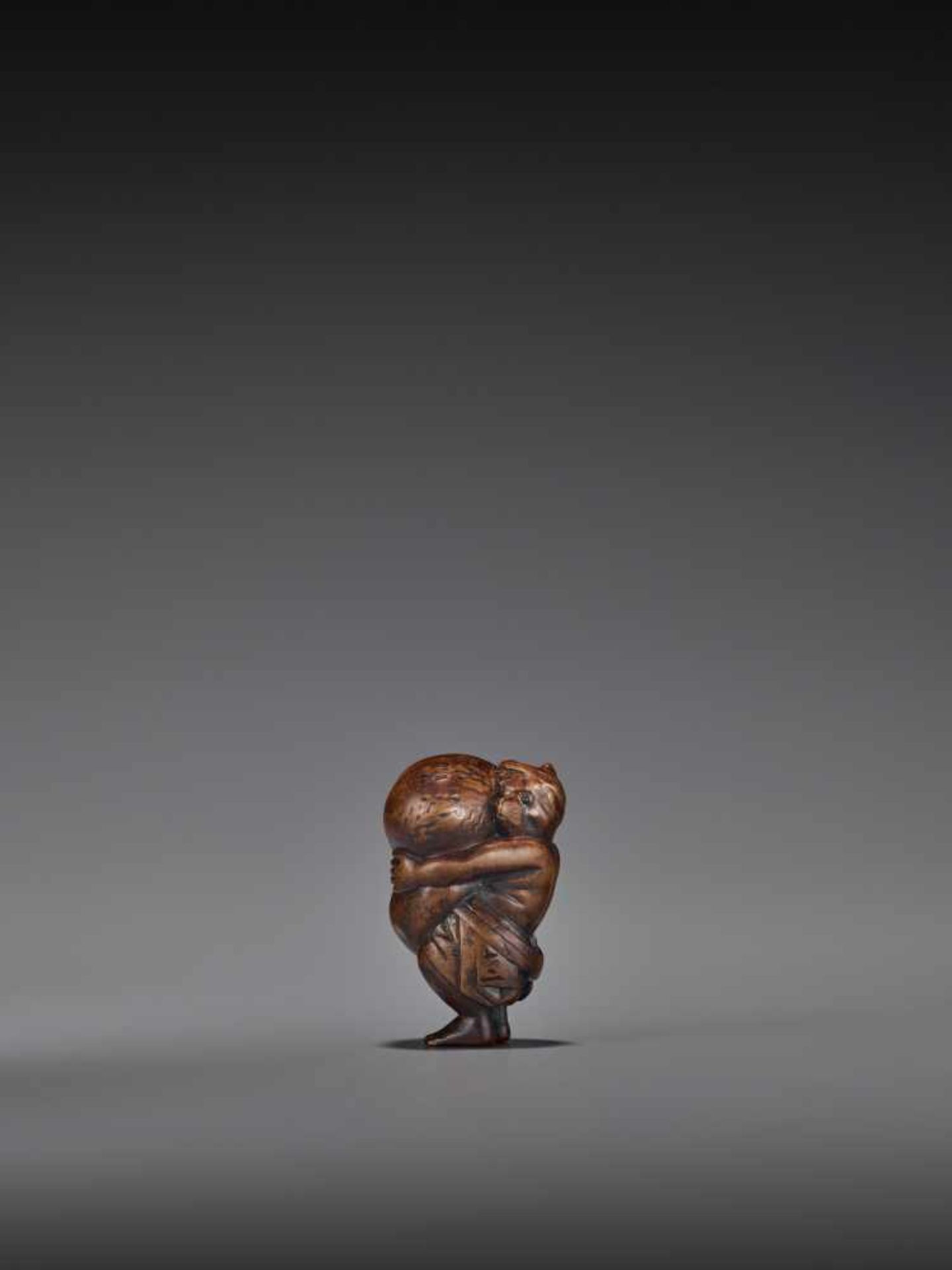 TOMOMASA: AN AMUSING WOOD NETSUKE OF A TANUKI WITH GIANT SCROTUM By Tomomasa, signed