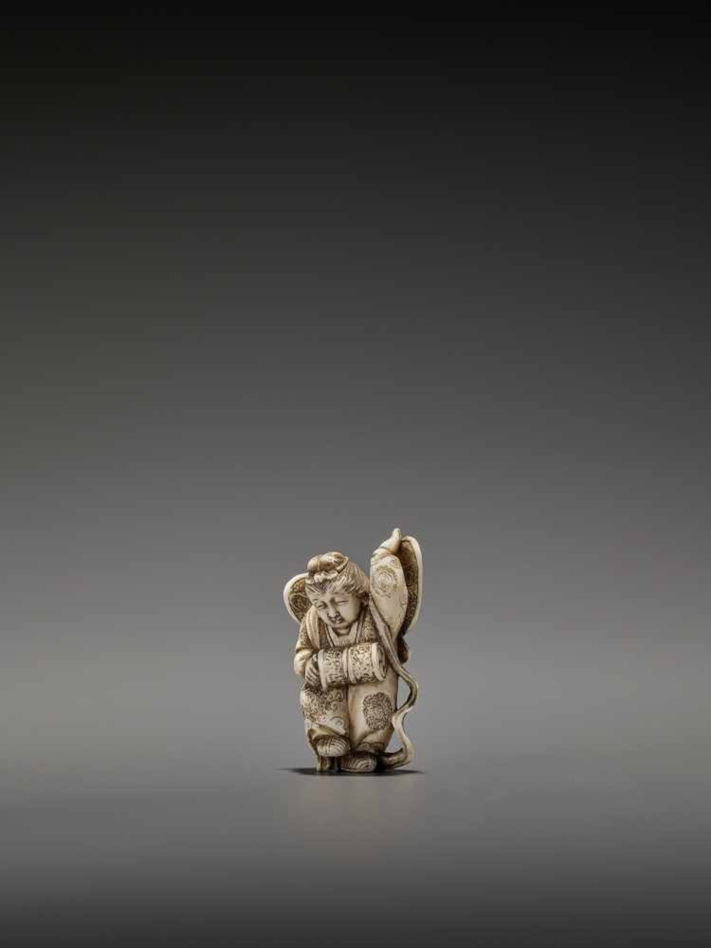 MASAHIRO: A VERY RARE IVORY NETSUKE OF A BUTTERFLY DANCER, KOCHO NO MAI By Masahiro, signed - Image 3 of 13