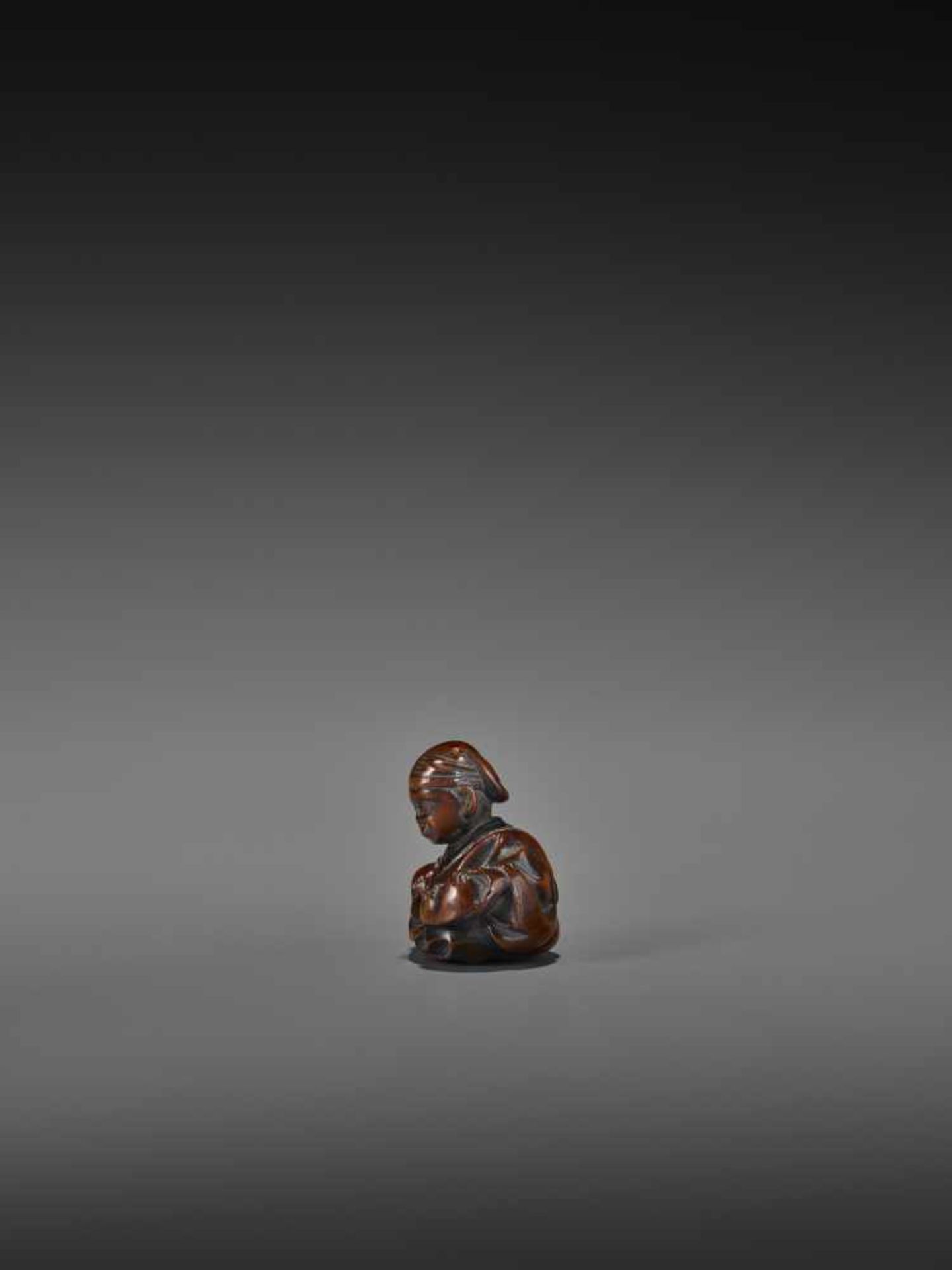 MASAYUKI: A WOOD NETSUKE OF A MASK CARVER IMITATING USOFUKI MASK By Kato Masayuki, signed Masayuki - Image 4 of 8