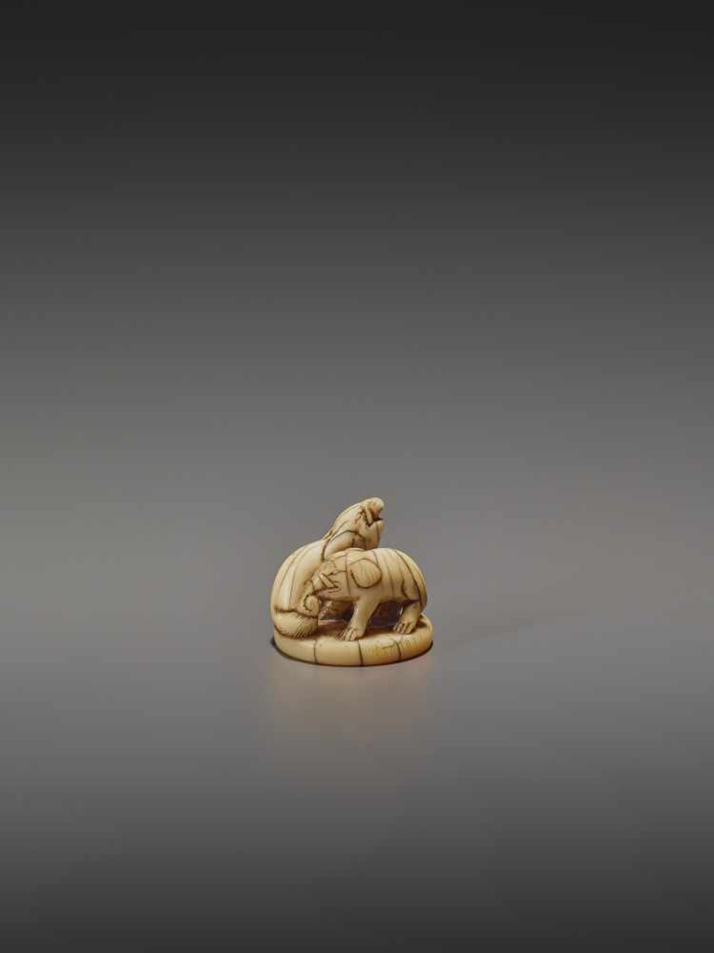 A RARE AND EARLY IVORY NETSUKE OF AN ELEPHANT AND BAKU UnsignedJapan, early 18th century, Edo period