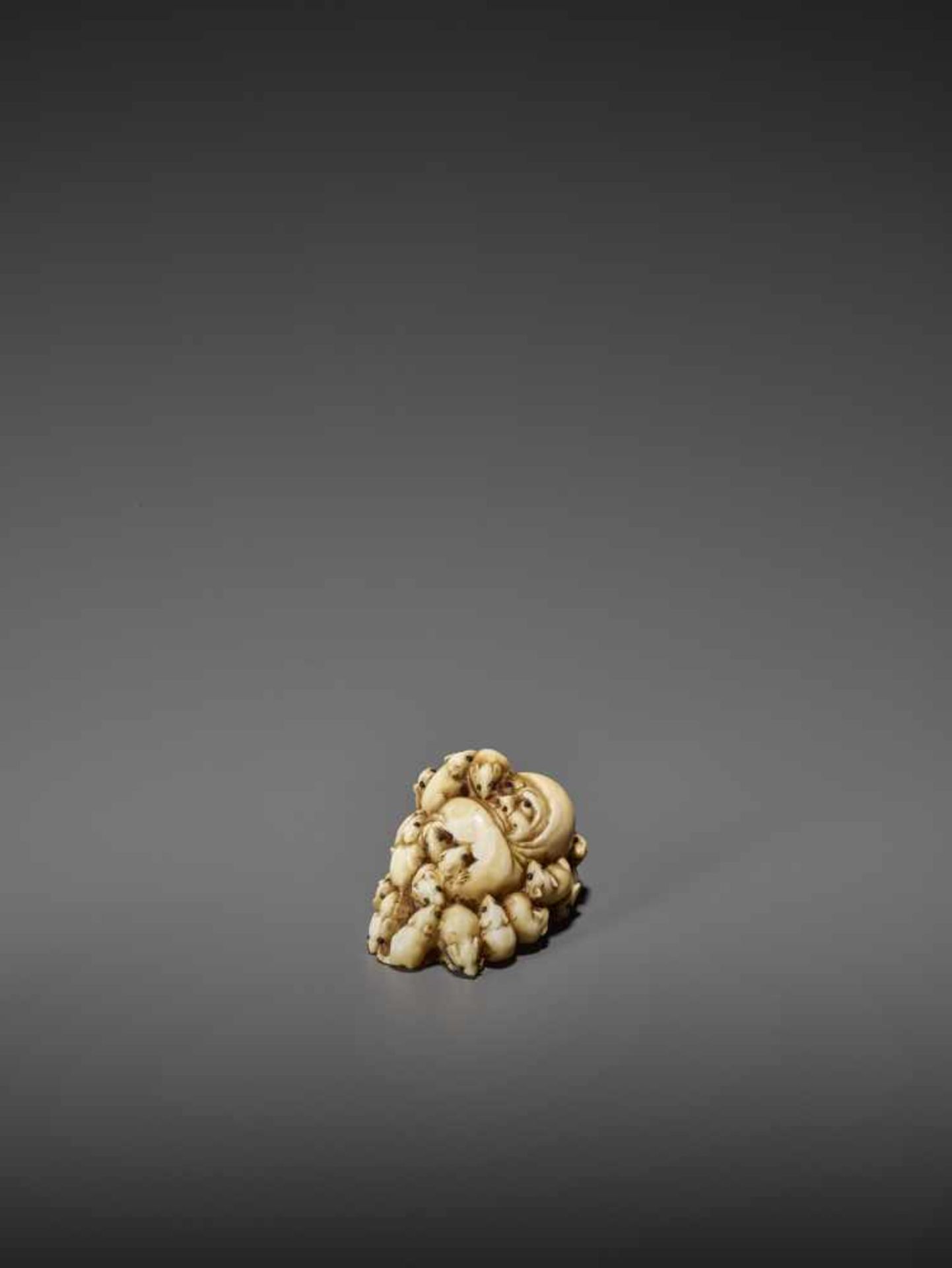 MASAMITSU: AN IVORY NETSUKE OF A SWARM OF RATS WITH DARUMA DOLL By Masamitsu, signed MasamitsuJapan, - Image 3 of 10