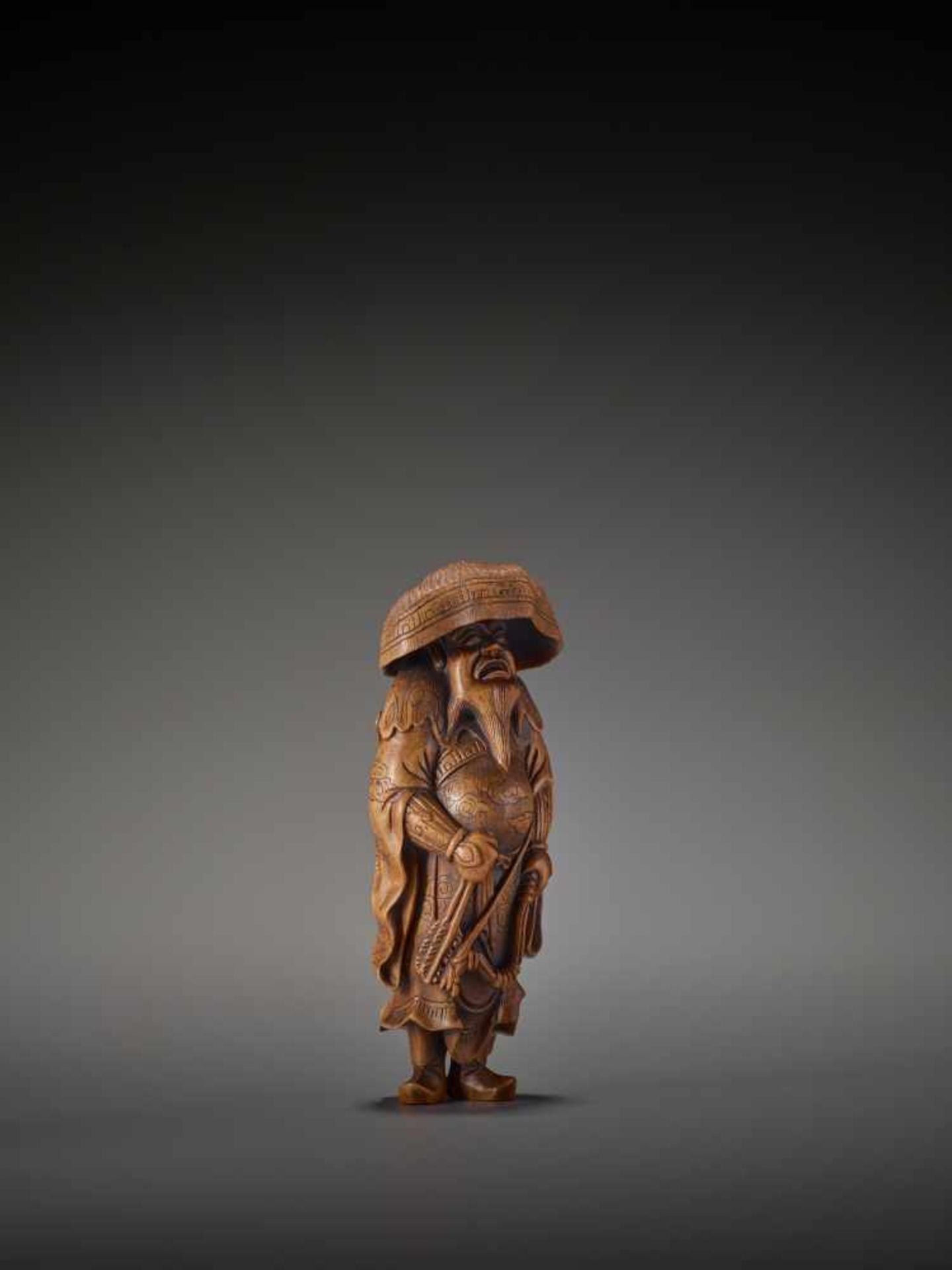 A LARGE WOOD FIGURE OF A TARTAR ARCHER Signed Tomokazu20th centuryThe wood of a reddish tone and - Image 8 of 12