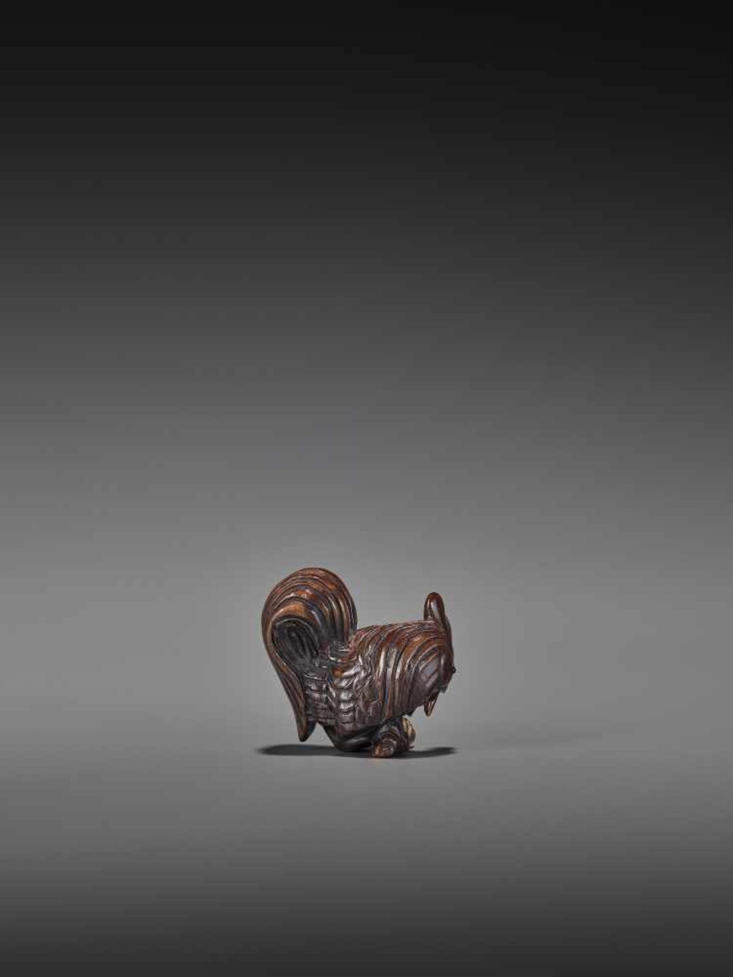 TOMOKAZU: WOOD NETSUKE OF A COCKEREL ON A BRANCH Inscribed TomokazuJapan, late 19th to 20th centuryA - Bild 5 aus 9