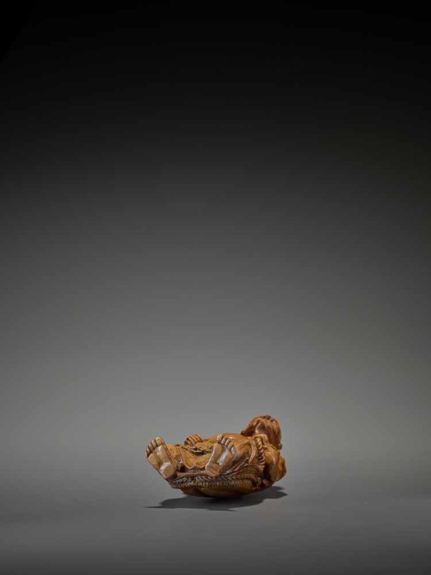 A RARE AND GIGANTIC ACTOR’S WOOD NETSUKE OF A NIO WITH WARAJI UnsignedJapan, 19th century, Edo - Bild 8 aus 8