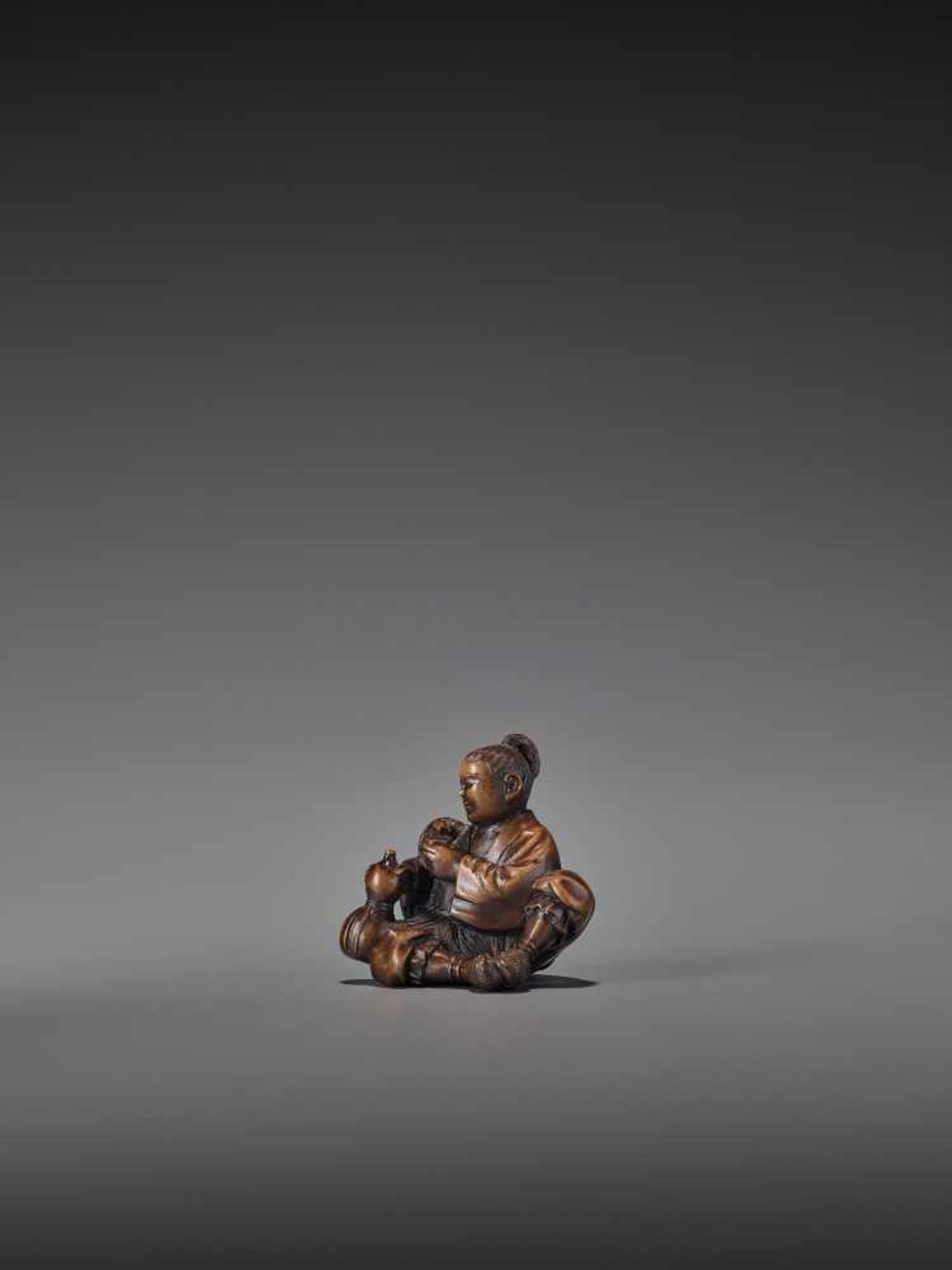 SHOKO: A RARE WOOD NETSUKE OF URASHIMA TARO WITH TURTLE By Shoko, signed ShokoJapan, Takayama, - Bild 6 aus 12