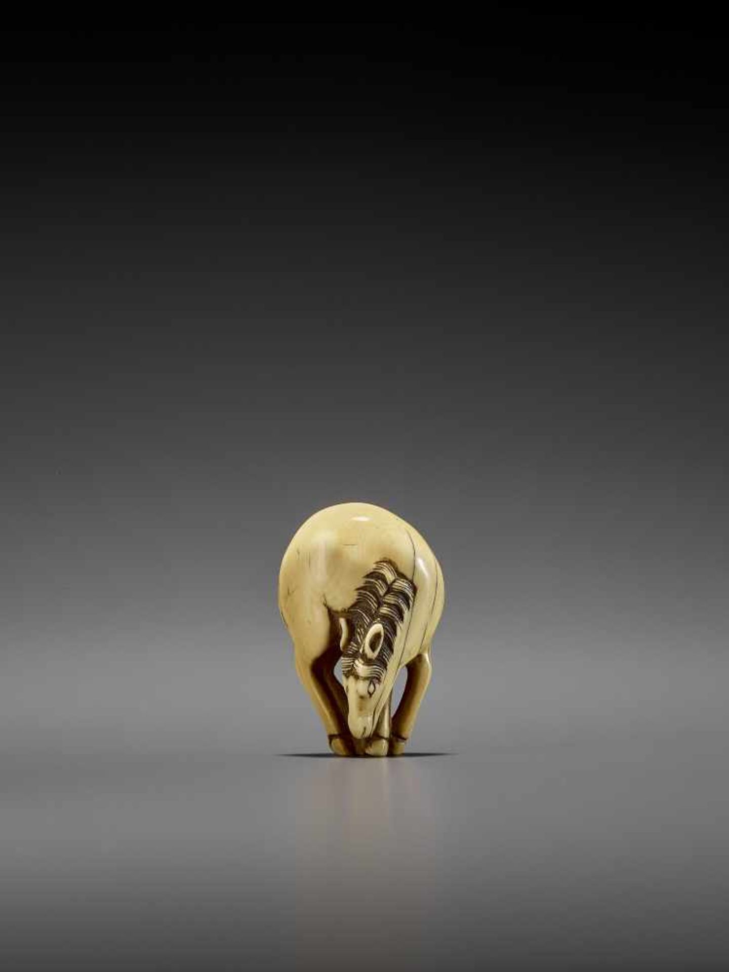 AN IVORY NETSUKE OF A GRAZING HORSE UnsignedJapan, 18th century, Edo period (1615-1868)Of ideal