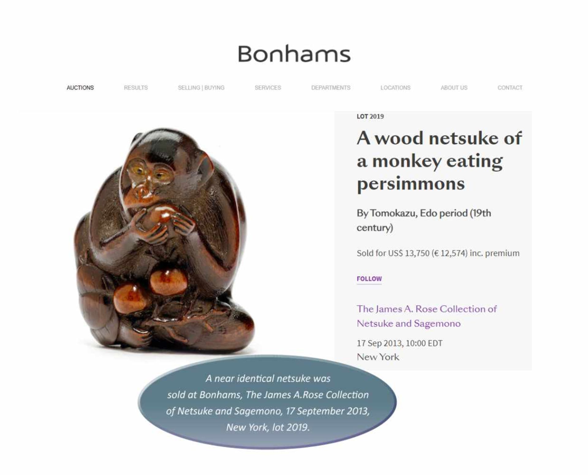 TOMOKAZU: AN EXCELLENT WOOD NETSUKE OF A MONKEY EATING PERSIMMONS By Kano Tomokazu, signed - Image 11 of 11