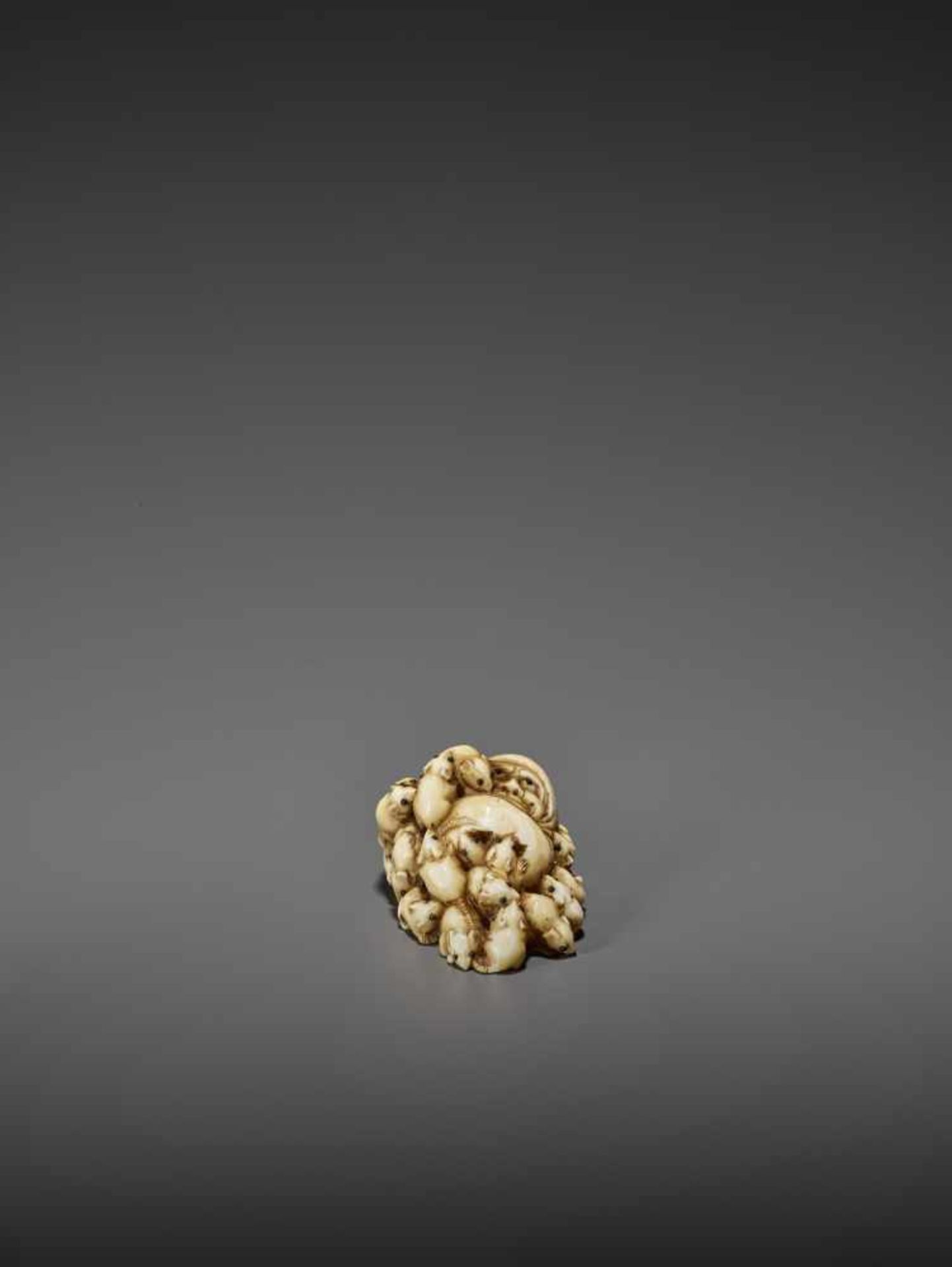 MASAMITSU: AN IVORY NETSUKE OF A SWARM OF RATS WITH DARUMA DOLL By Masamitsu, signed MasamitsuJapan, - Image 8 of 10