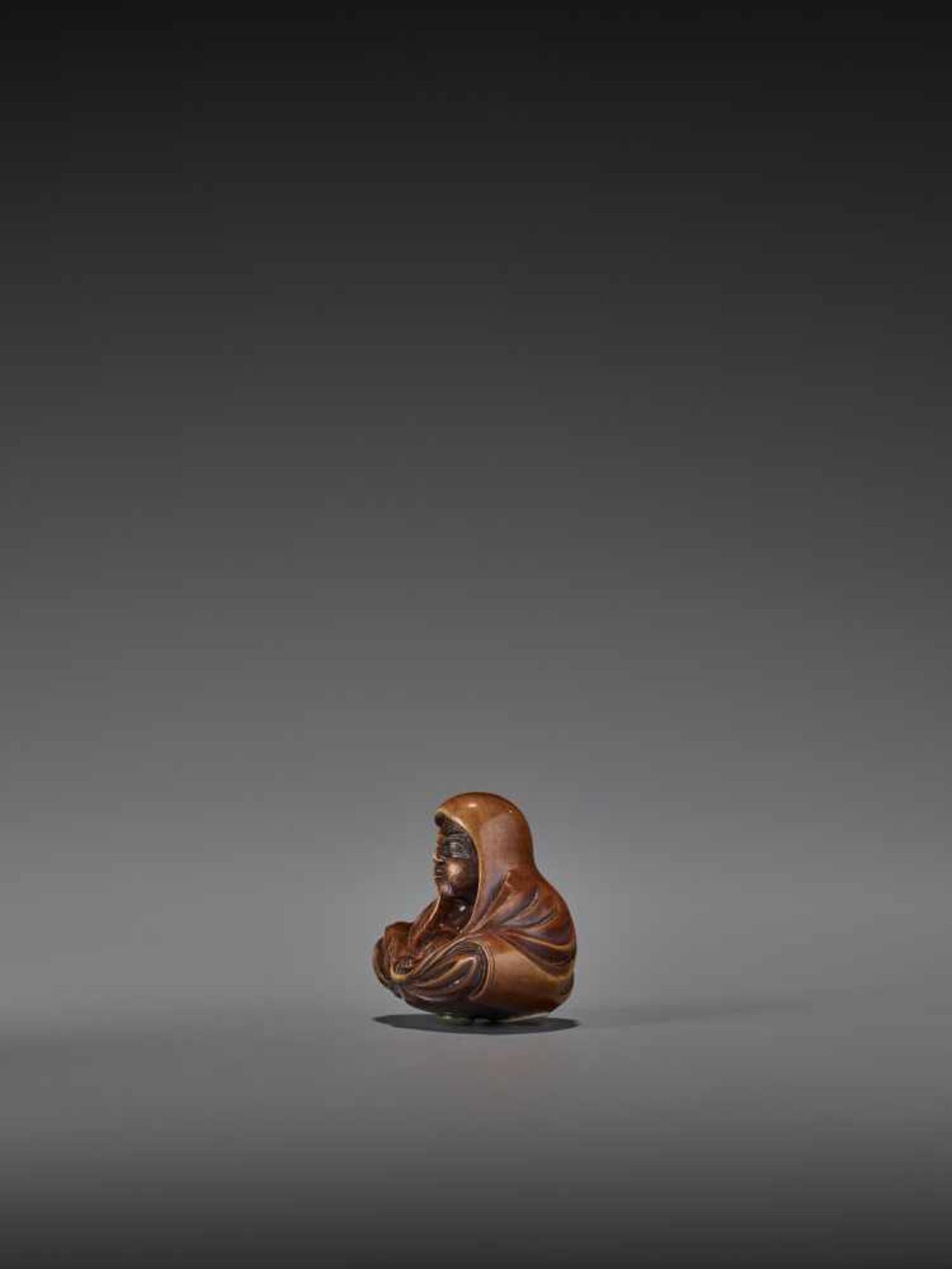 SHUMIN: A FINE WOOD NETSUKE OF DARUMA By Hara Shumin, signed ShuminJapan, Edo, early 19th century, - Image 5 of 9