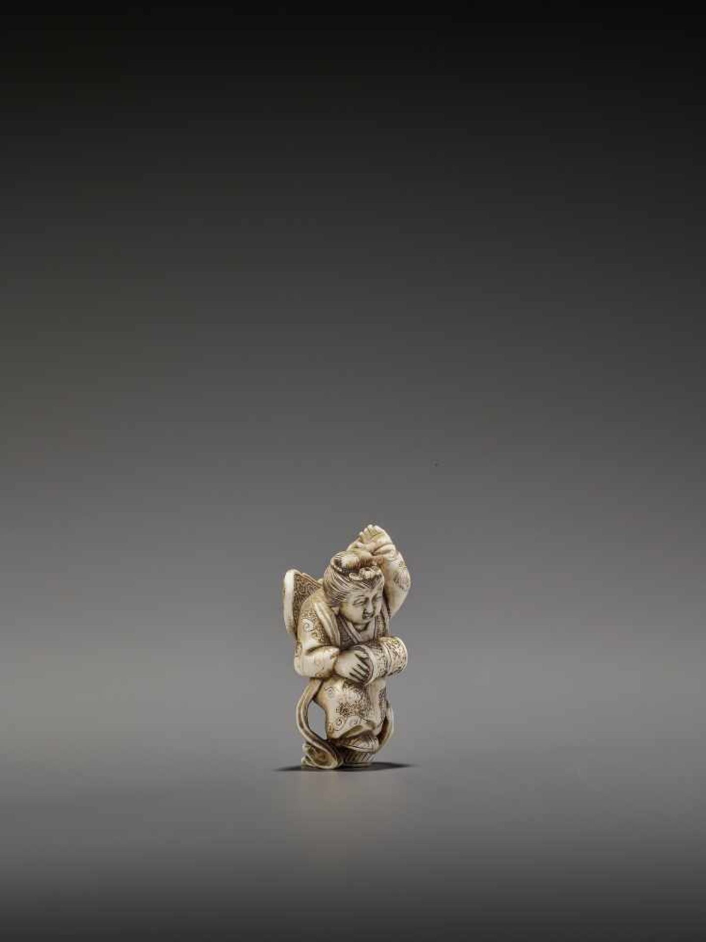 MASAHIRO: A VERY RARE IVORY NETSUKE OF A BUTTERFLY DANCER, KOCHO NO MAI By Masahiro, signed - Bild 9 aus 13