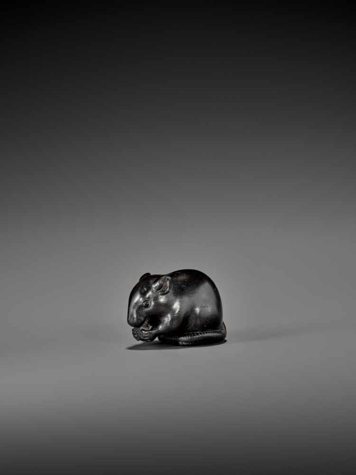 OKATORI: A RARE AND EXCELLENT EBONY WOOD NETSUKE OF A HUNGRY RAT By Okatori, signed OkatoriJapan, - Image 4 of 11