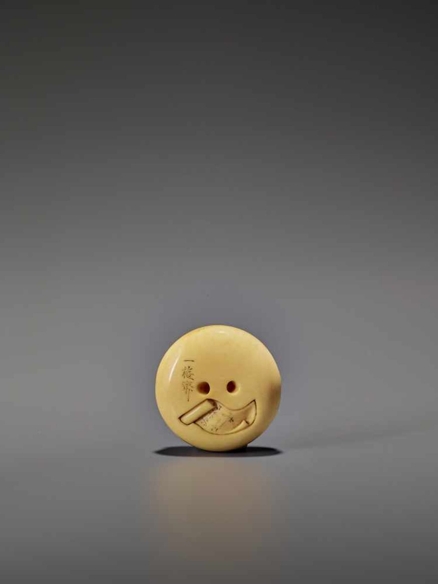 ICHIYUSAI: A MARINE IVORY MANJU NETSUKE OF ONNA DARUMA By Ichiyusai Naoharu/Naomitsu, signed - Image 2 of 7