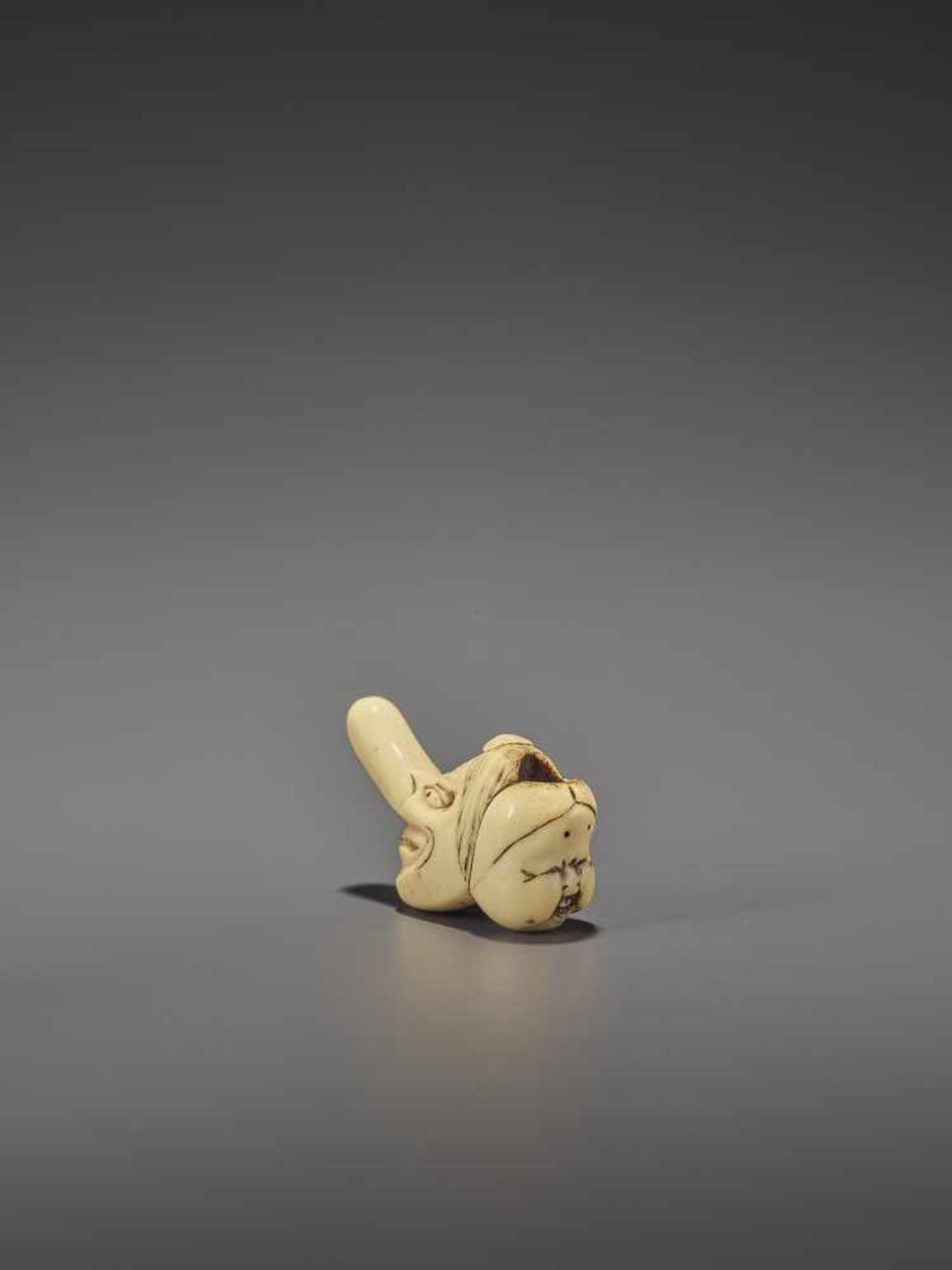 A RARE STAG ANTLER SHUNGA NETSUKE OF OKAME AND TENGU MASKS UnsignedJapan, 19th century, Edo - Image 4 of 10