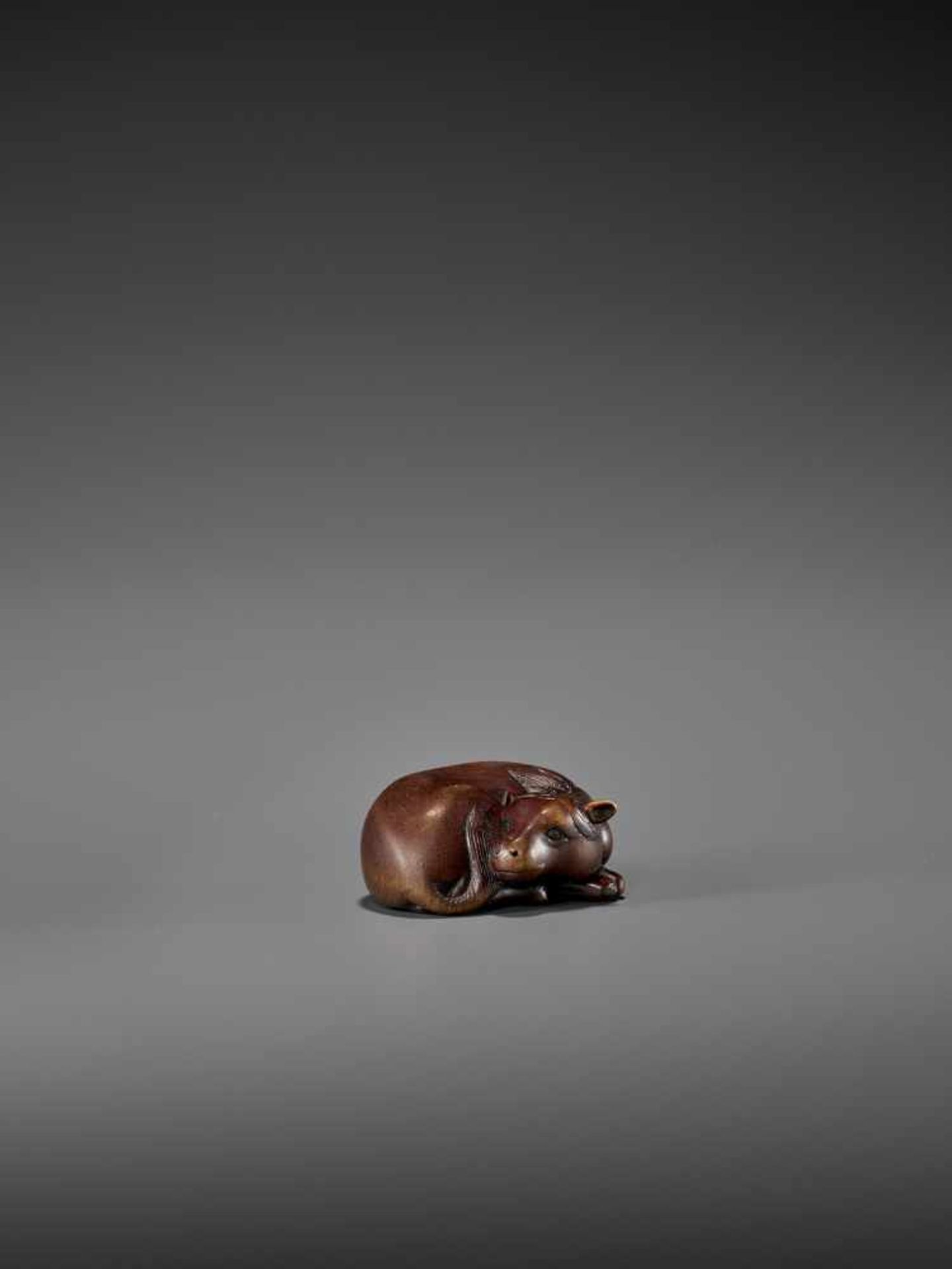 A FINE WOOD NETSUKE OF A RECUMBENT HORSE IN THE MANNER OF TAMETAKA Unsigned, in the manner of - Image 7 of 9