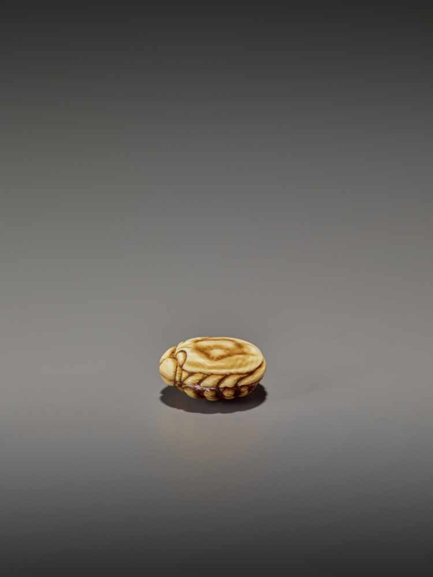 A FINELY STAINED WALRUS IVORY TWO-PART MANJU NETSUKE OF A CRAB UnsignedJapan, Osaka, early to mid- - Image 5 of 10