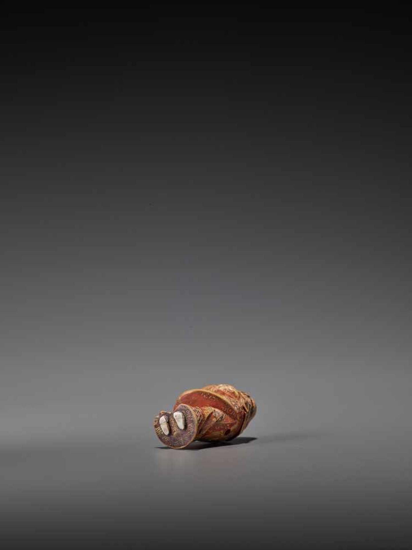 SHUZAN: A POLYCHROME AND INLAID WOOD NETSUKE OF DARUMA By Nagamachi Shuzan, signed ShuzanJapan, - Image 9 of 9