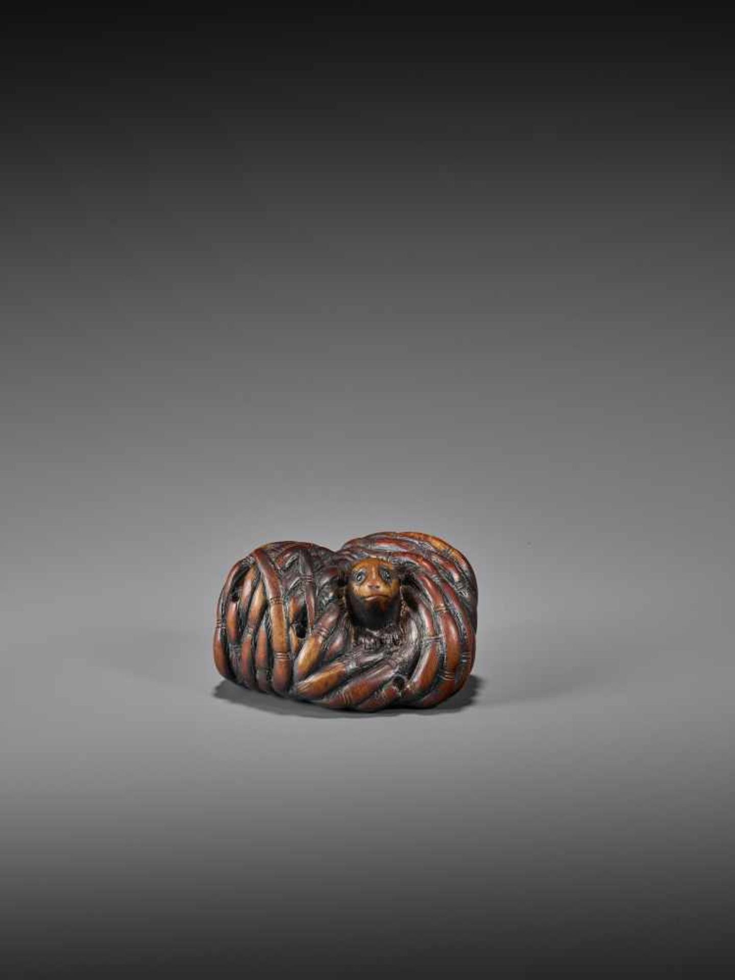 GEKKO: A RARE WOOD NETSUKE OF RABBITS IN BAMBOO By Gekko, signed GekkoJapan, 19th century, Edo - Image 2 of 11