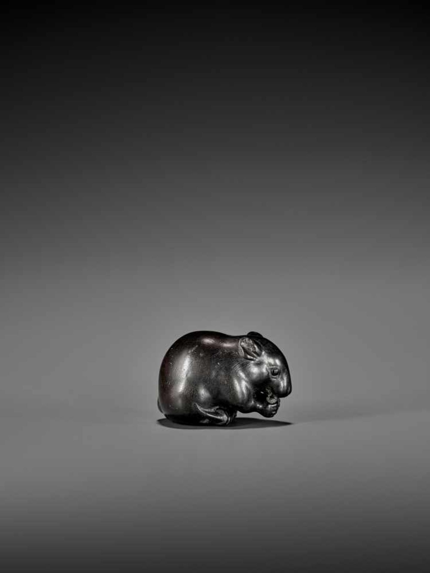 OKATORI: A RARE AND EXCELLENT EBONY WOOD NETSUKE OF A HUNGRY RAT By Okatori, signed OkatoriJapan, - Image 7 of 11