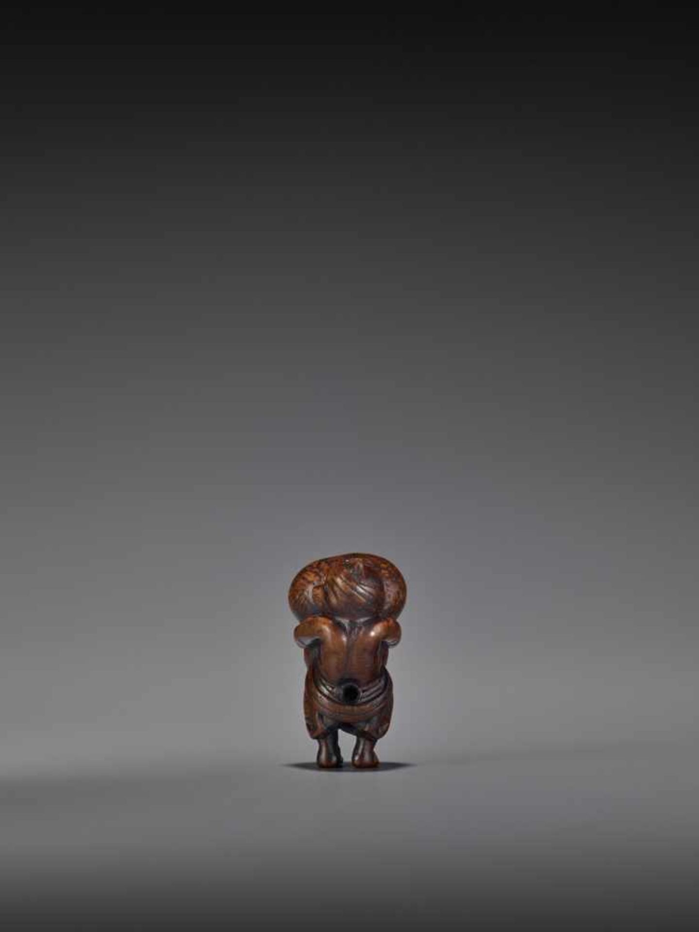 TOMOMASA: AN AMUSING WOOD NETSUKE OF A TANUKI WITH GIANT SCROTUM By Tomomasa, signed - Bild 3 aus 8