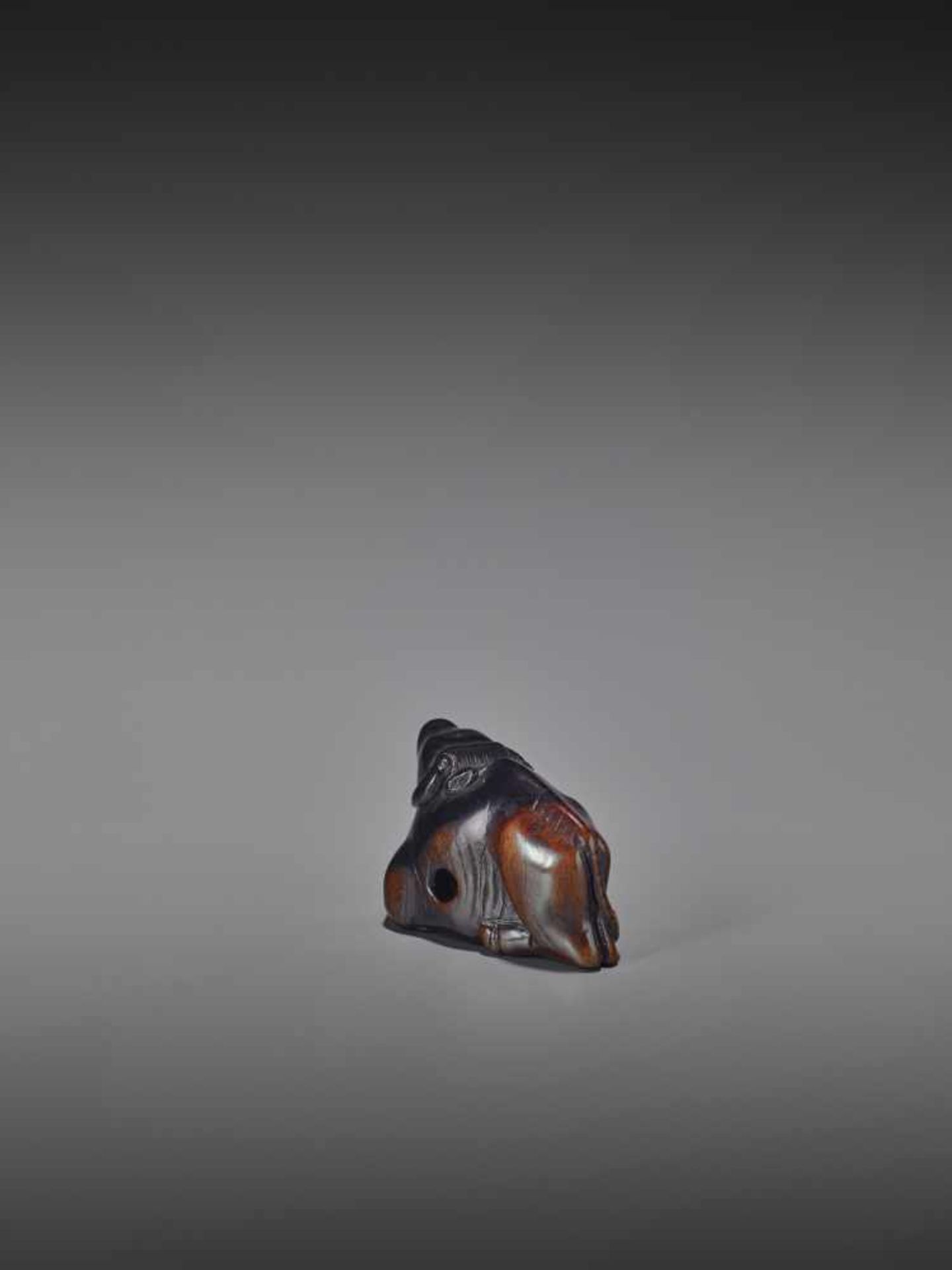 A KUROGAKI WOOD NETSUKE OF AN OX UnsignedJapan, early 18th century, Edo period (1615-1868)An early - Image 2 of 11