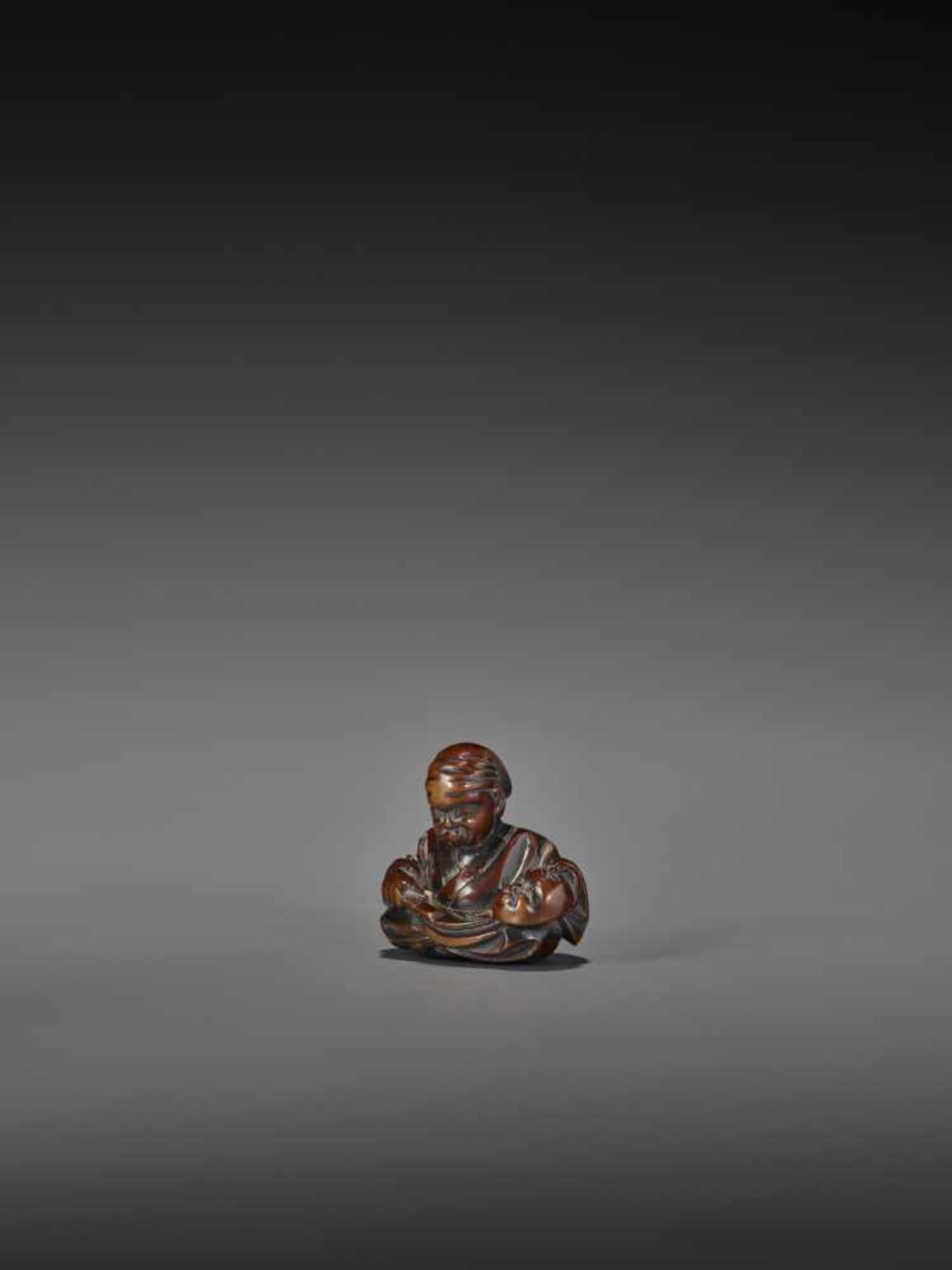 MASAYUKI: A WOOD NETSUKE OF A MASK CARVER IMITATING USOFUKI MASK By Kato Masayuki, signed Masayuki - Image 3 of 8