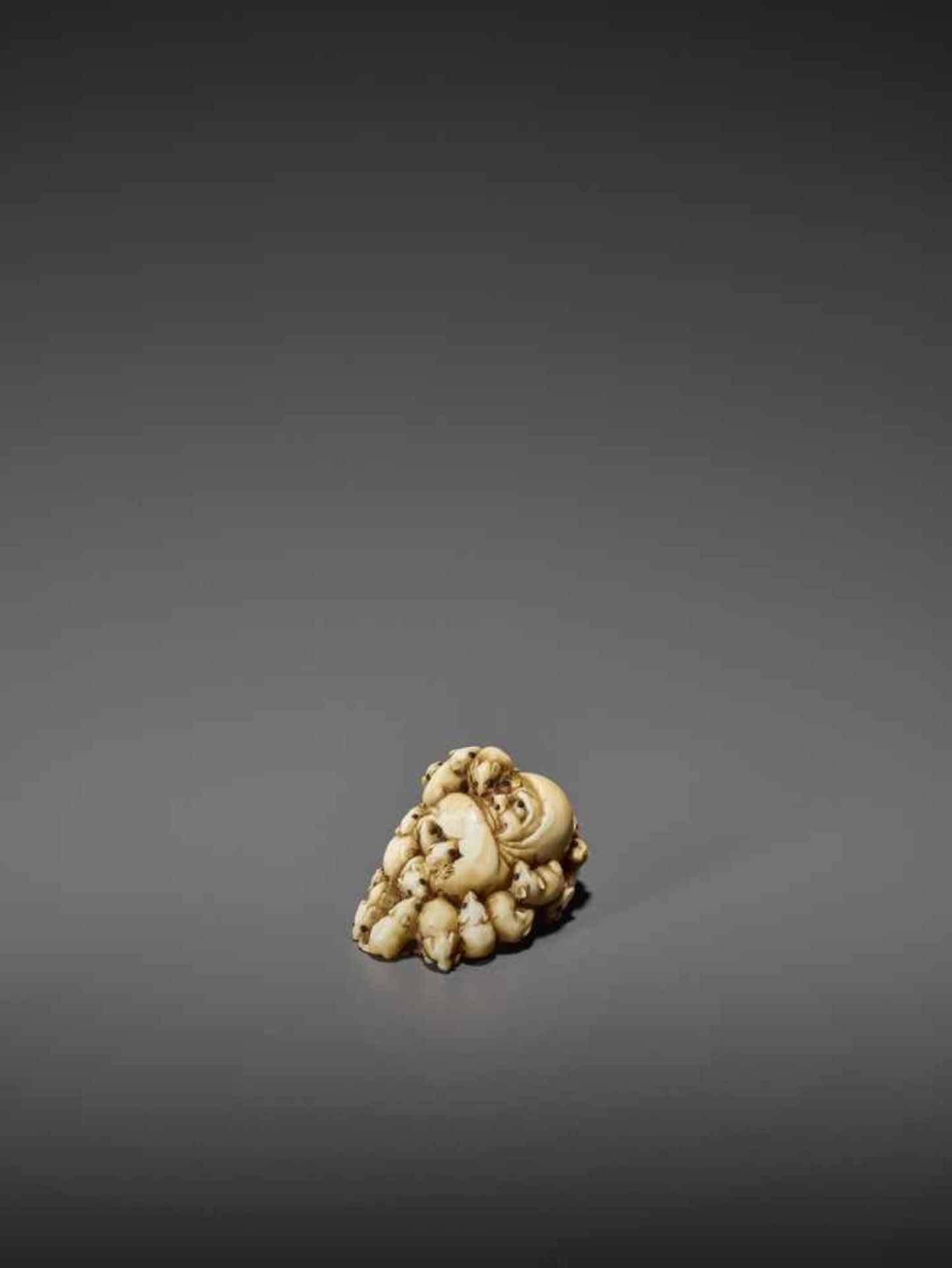 MASAMITSU: AN IVORY NETSUKE OF A SWARM OF RATS WITH DARUMA DOLL By Masamitsu, signed MasamitsuJapan, - Image 2 of 10