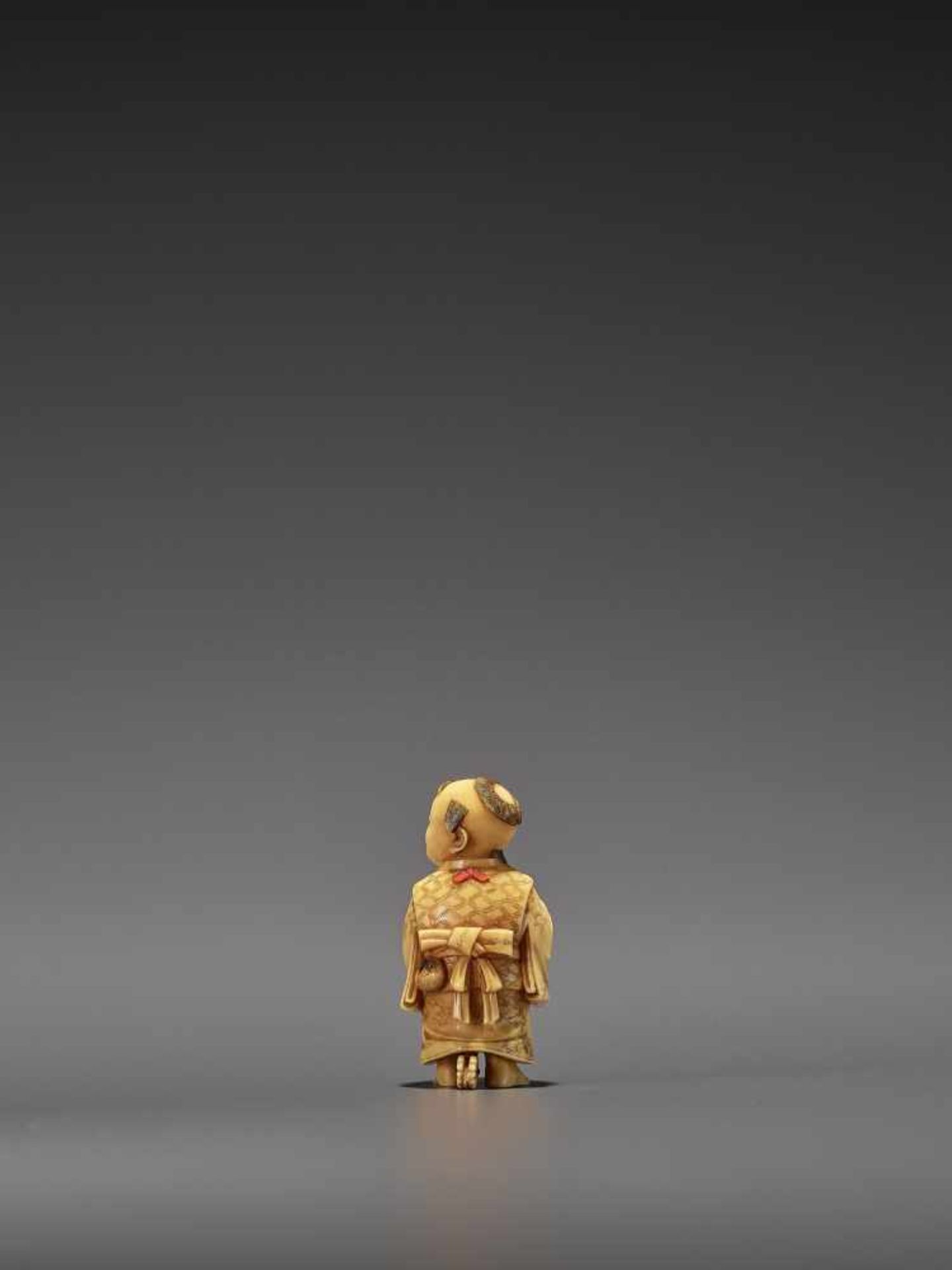 RYOMIN: A VERY FINE IVORY NETSUKE OF A BOY WITH HOBBY HORSE By Ono Ryomin, signed Ryomin with - Image 4 of 11