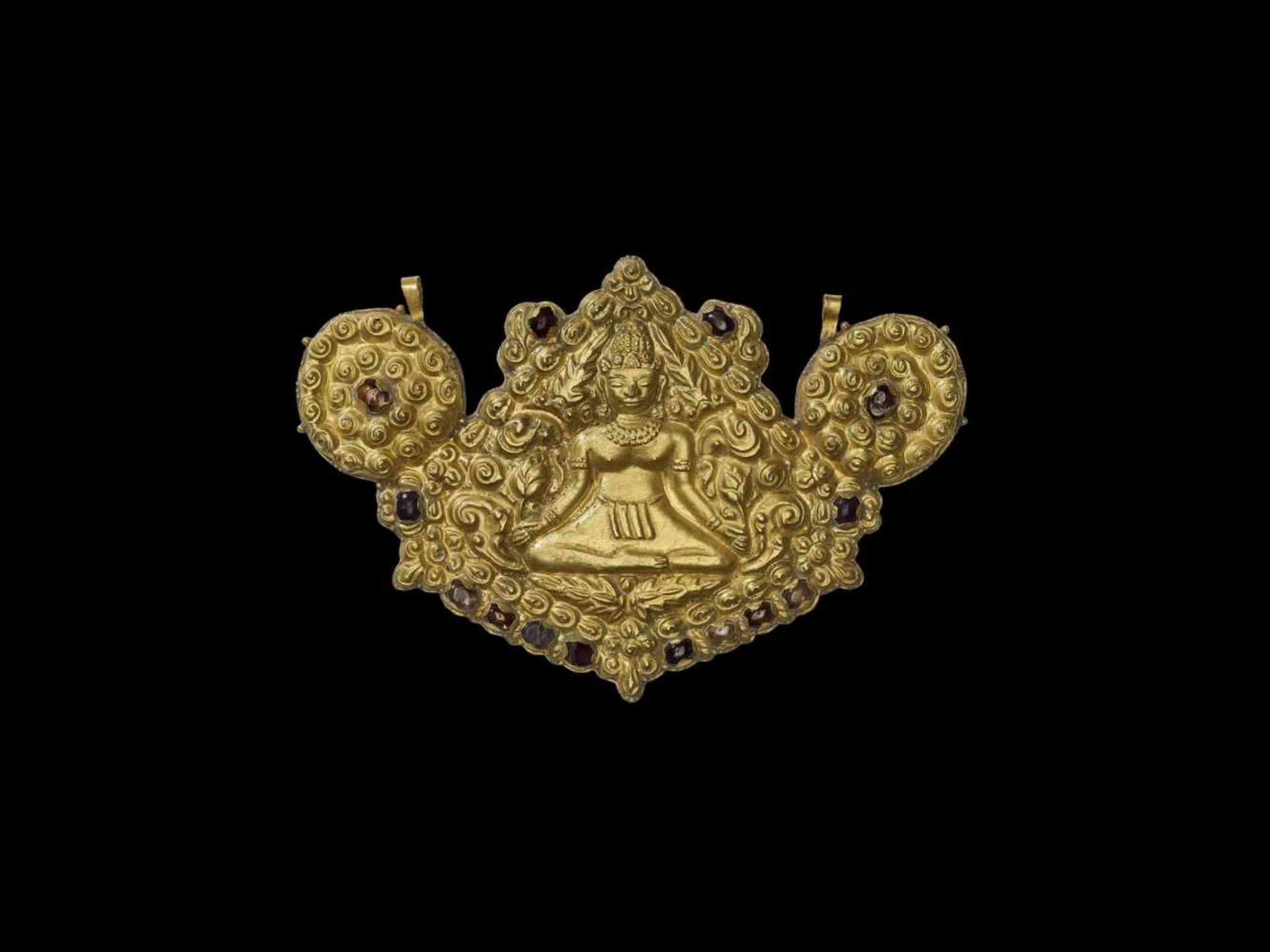 A CHAM REPOUSSÉ GOLD PECTORAL OF UMA WITH LOTUS BUDS Central Cham kingdom, classical period,