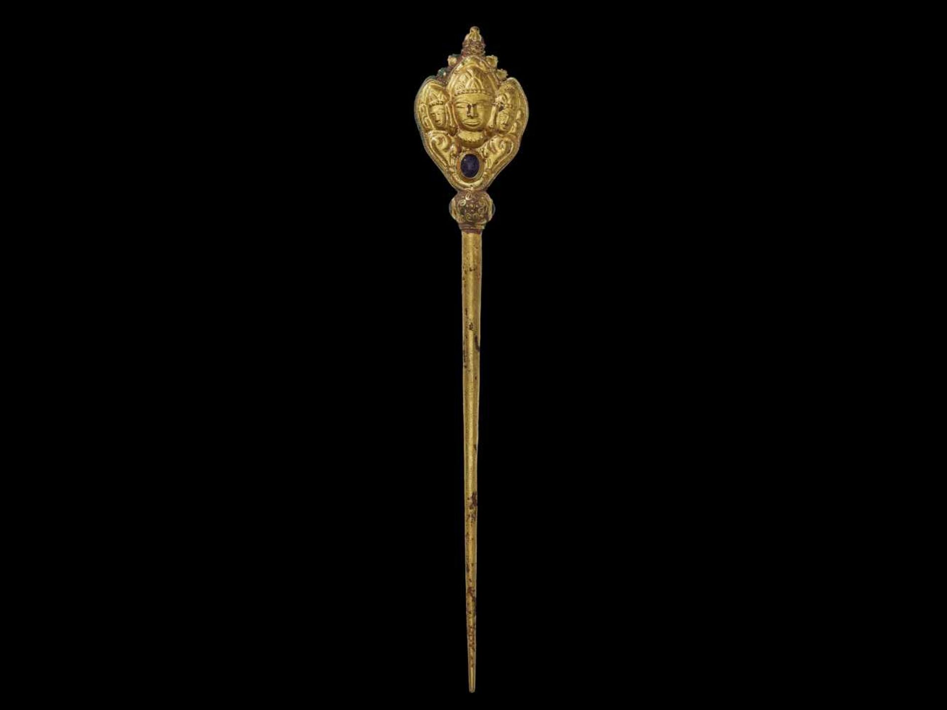 A CHAM REPOUSSÉ GOLD HAIRPIN WITH BRAHMA Central Cham kingdom, classical period, 10th – 12th