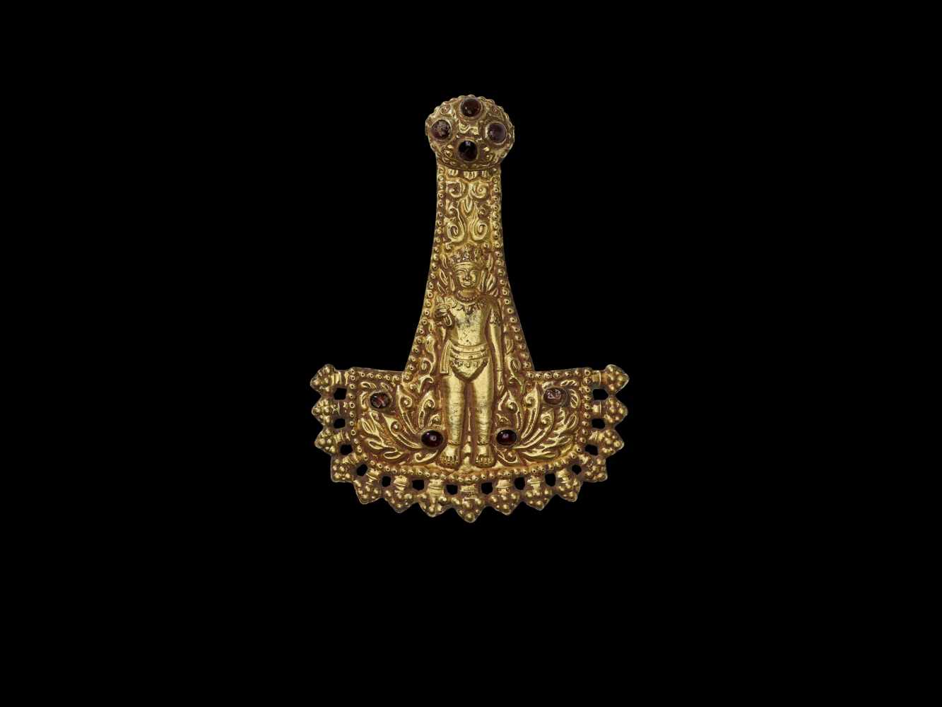 A CHAM REPOUSSÉ GOLD PENDANT WITH INDRA Central or southern Cham kingdom, Tra Kieu Style, 11th –