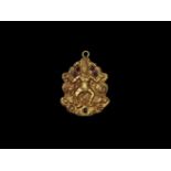 A RARE CHAM REPOUSSÉ GOLD PENDANT WITH DANCING INDRA AND ELEPHANTS Central Cham kingdom, classical