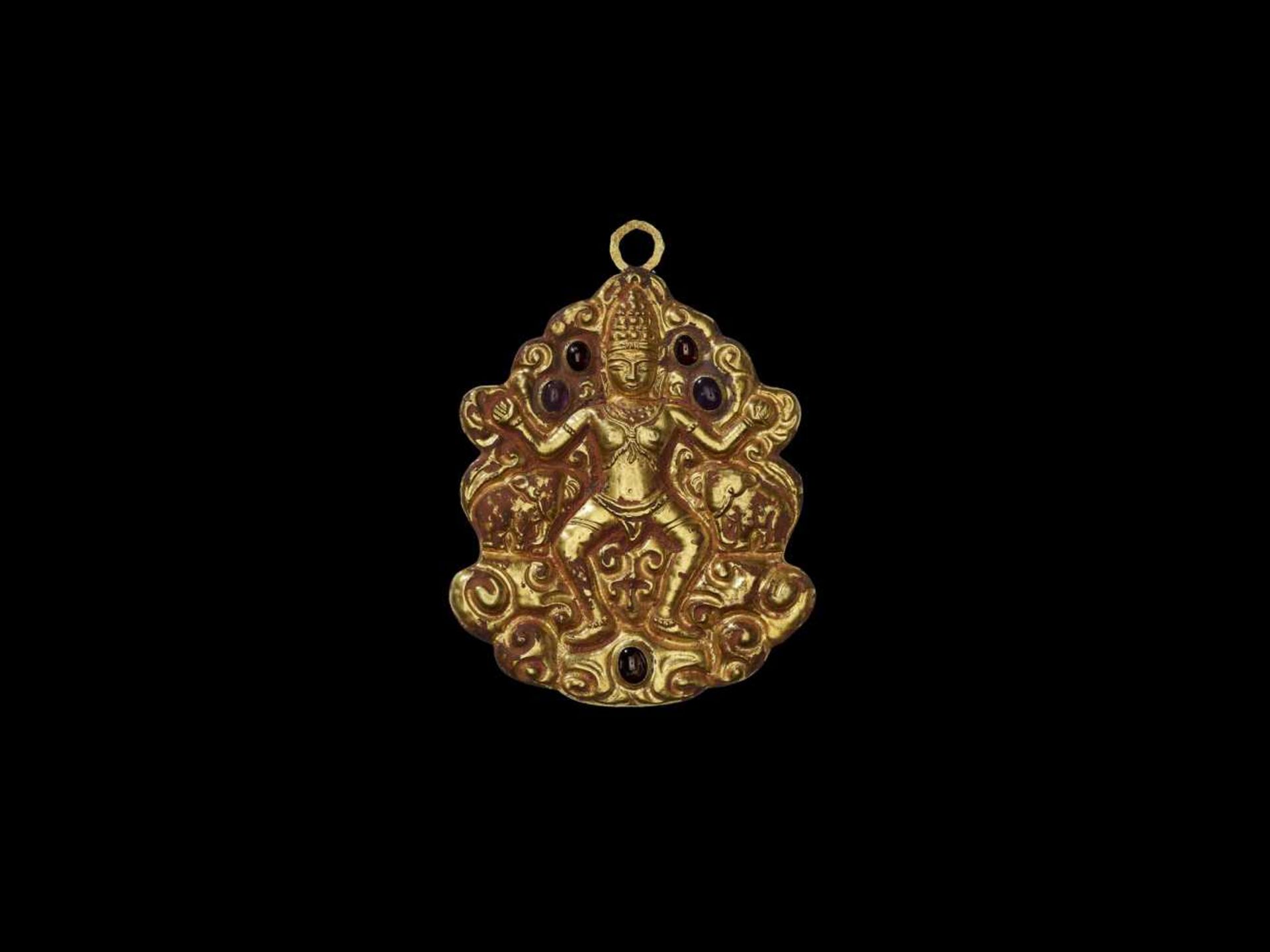A RARE CHAM REPOUSSÉ GOLD PENDANT WITH DANCING INDRA AND ELEPHANTS Central Cham kingdom, classical