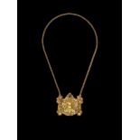 A CHAM REPOUSSÉ GOLD NECKLACE WITH A PECTORAL DEPICTING A SEATED HINDU DEITY Central Cham kingdom,