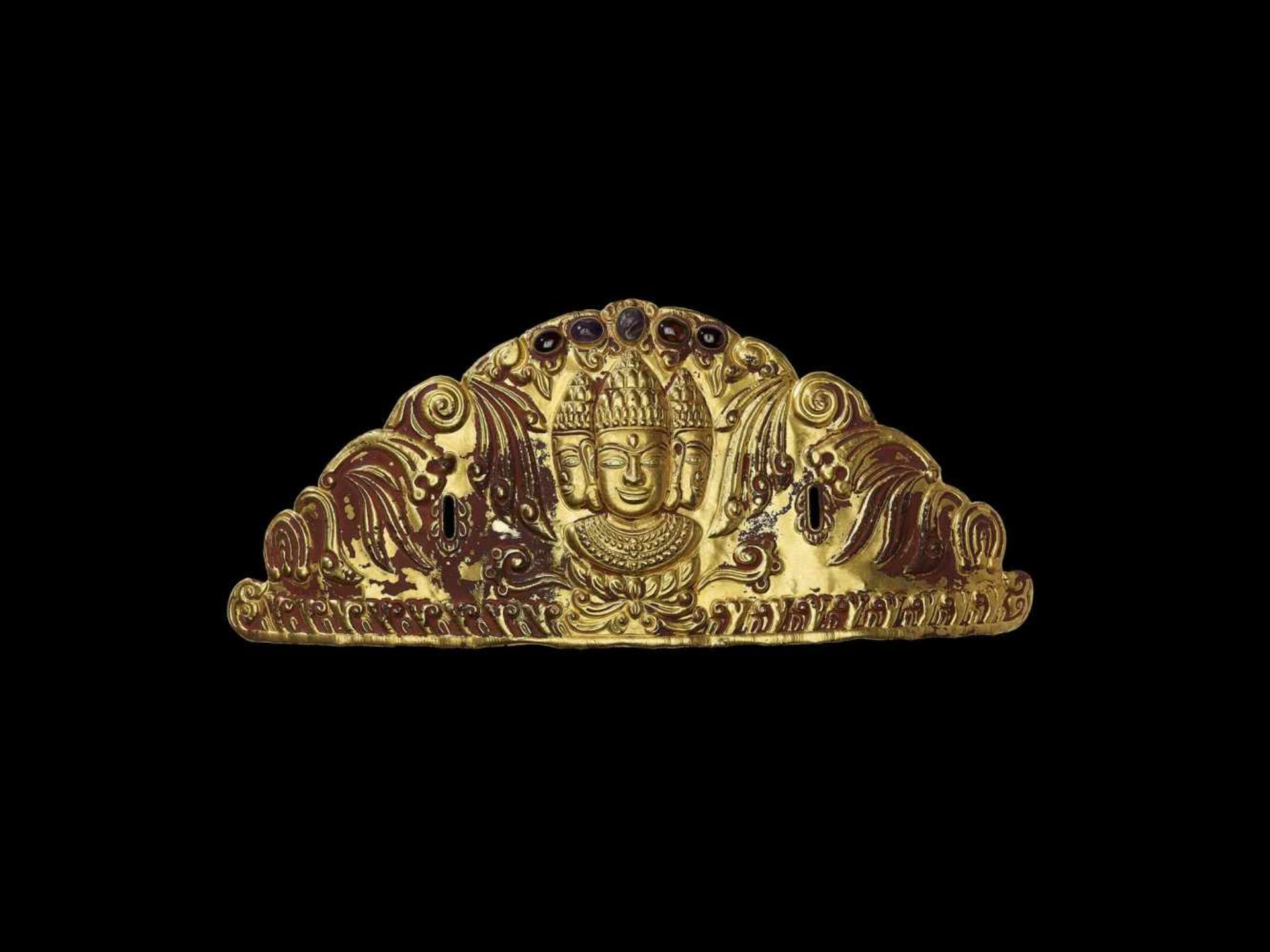 AN EXCELLENT AND VERY RARE CHAM REPOUSSÉ GOLD DIADEM DEPICTING BRAHMA Central Cham kingdom,