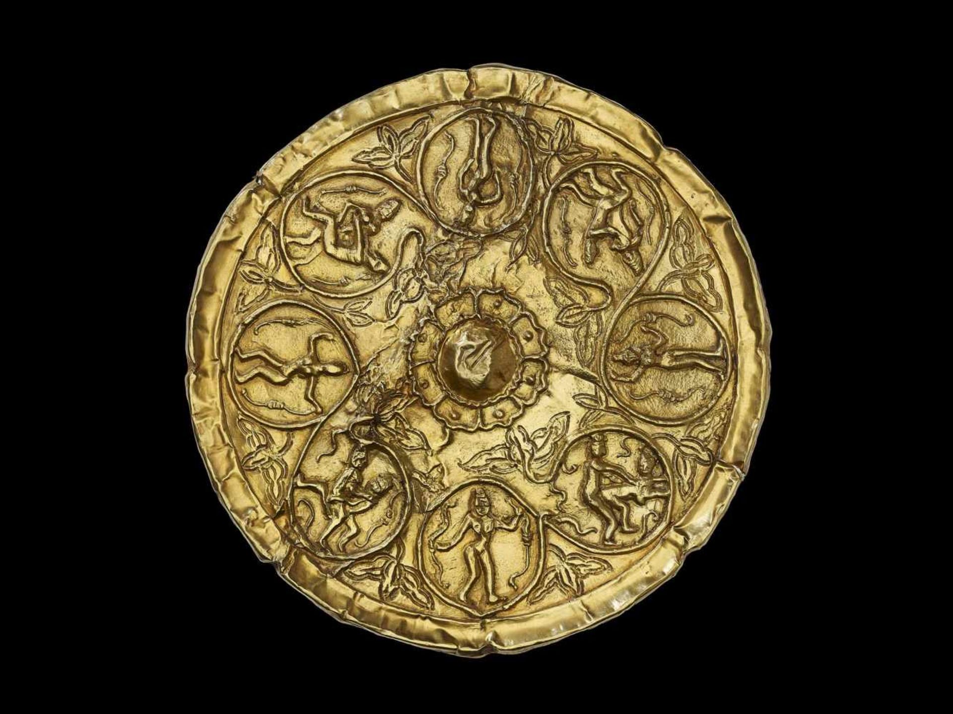 A GOLD RITUAL OBJECT WITH KAMA SUTRA POSITIONS AND HINDU DEITIES Gandhara / Kushan, c. 4th