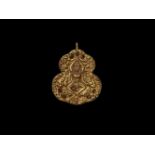 A CHAM REPOUSSÉ GOLD PENDANT DEPICTING SHIVA DANCING Central Cham kingdom, probably Vijaya,