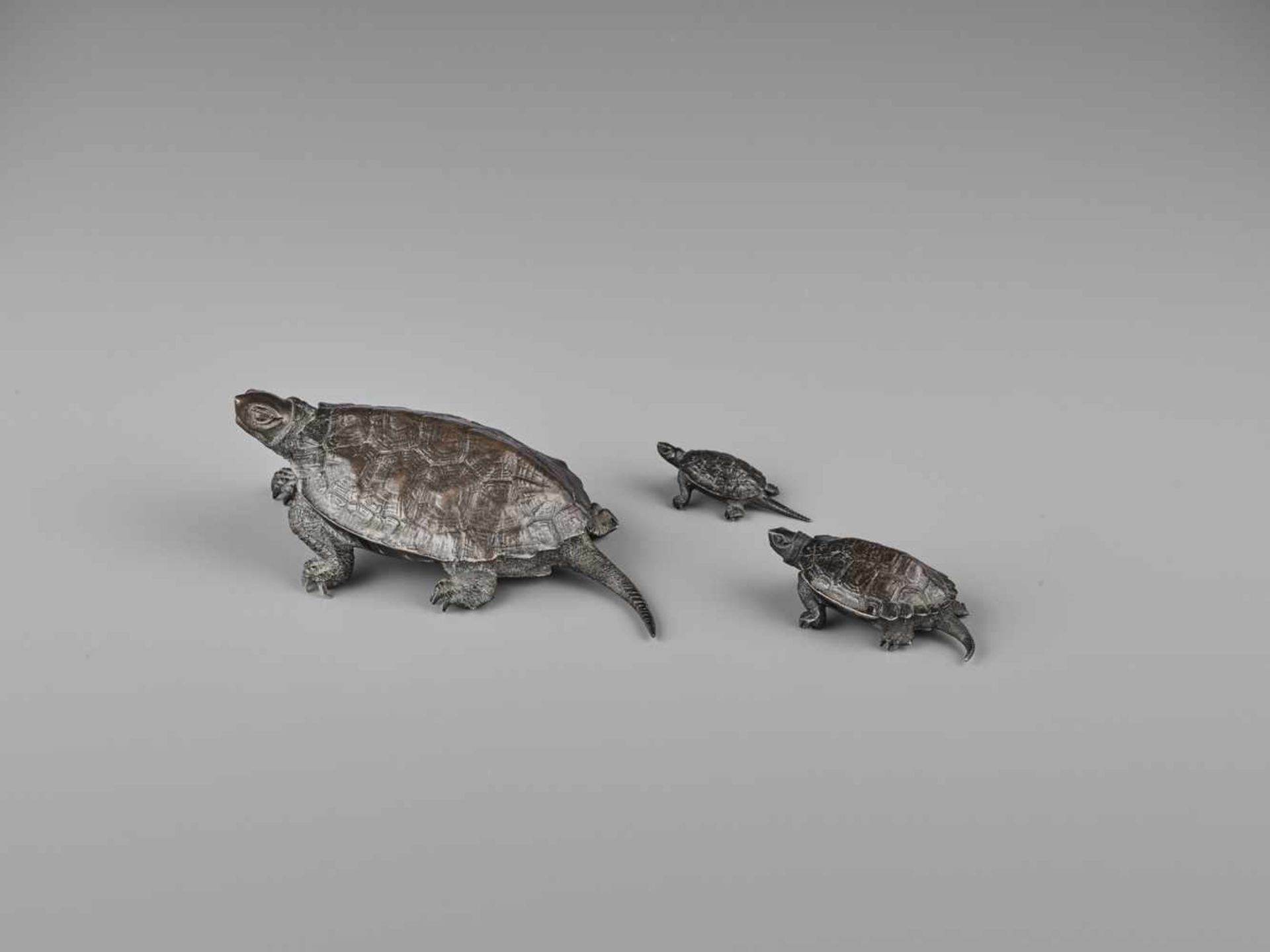 A BRONZE GROUP OF THREE TORTOISES The largest signed Tsunemitsu, the second largest signed - Bild 3 aus 11